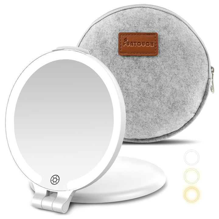 FUNTOUC Magnifying Mirror with Light, 1X/10X Double Sided Magnification Makeup Vanity Mirror with 3 Color Setting, Chargeable Foldable Portable Travel Essential Vanity Mirror with Bag