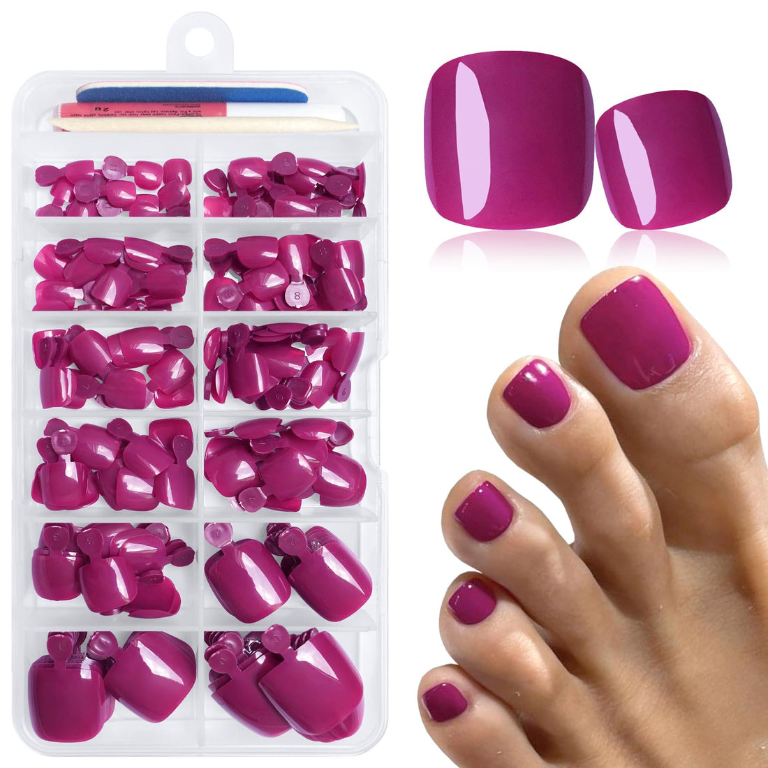 LuckForever 168pc Press on Toenails Women Fake Toe Nails with Adhesive Tabs, Magenta Fake Toenails Press on Nails Toe Acrylic Nail Tips Short Square False Toenail Artificial Toe Nails Press ons