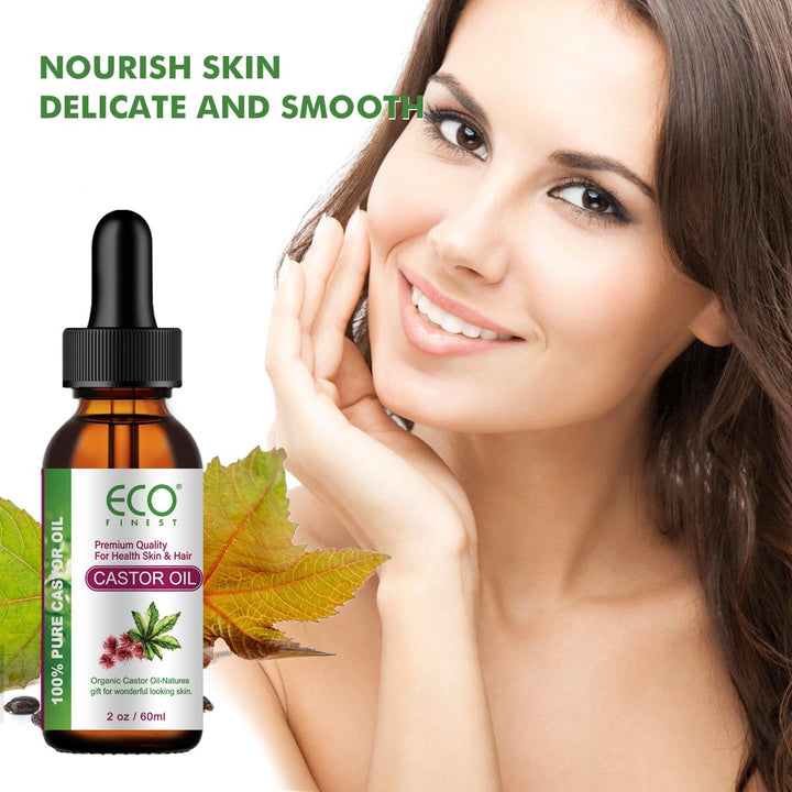 ECO Pure Natural Cold Pressed Organic Castor Oil, Suitable for Eyelashes, Eyebrows, Hair, Skin, and Nails, Nourishing and Moisturizing -20oz/60ml
