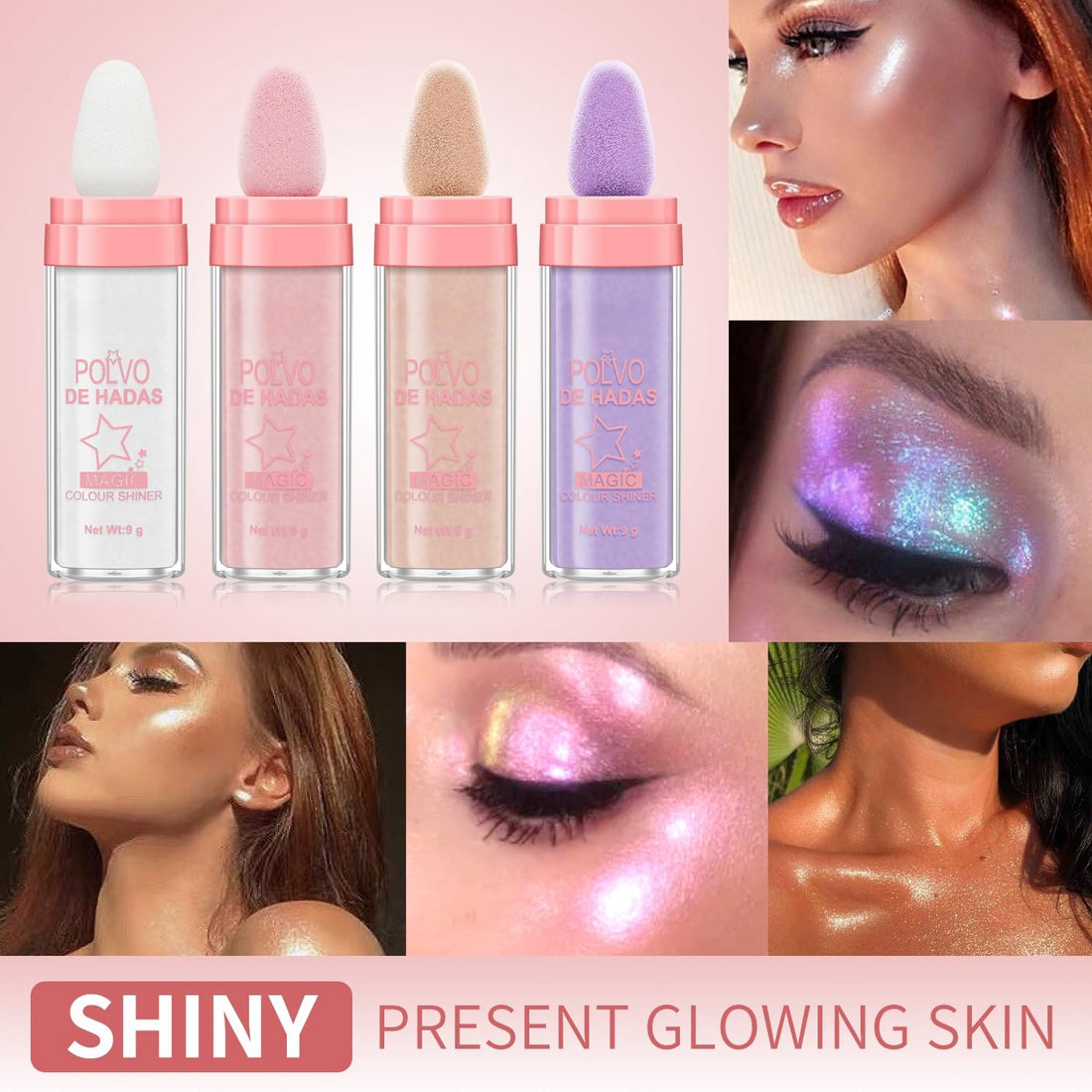 URQT 4 Color Polvo De Hadas Fairy Dust Highlight Patting - Full Body Contouring and Clavicle Pearlescent Patting Powder for Face and Eye, Christmas Sparkling Body Glitter (4 Pack)