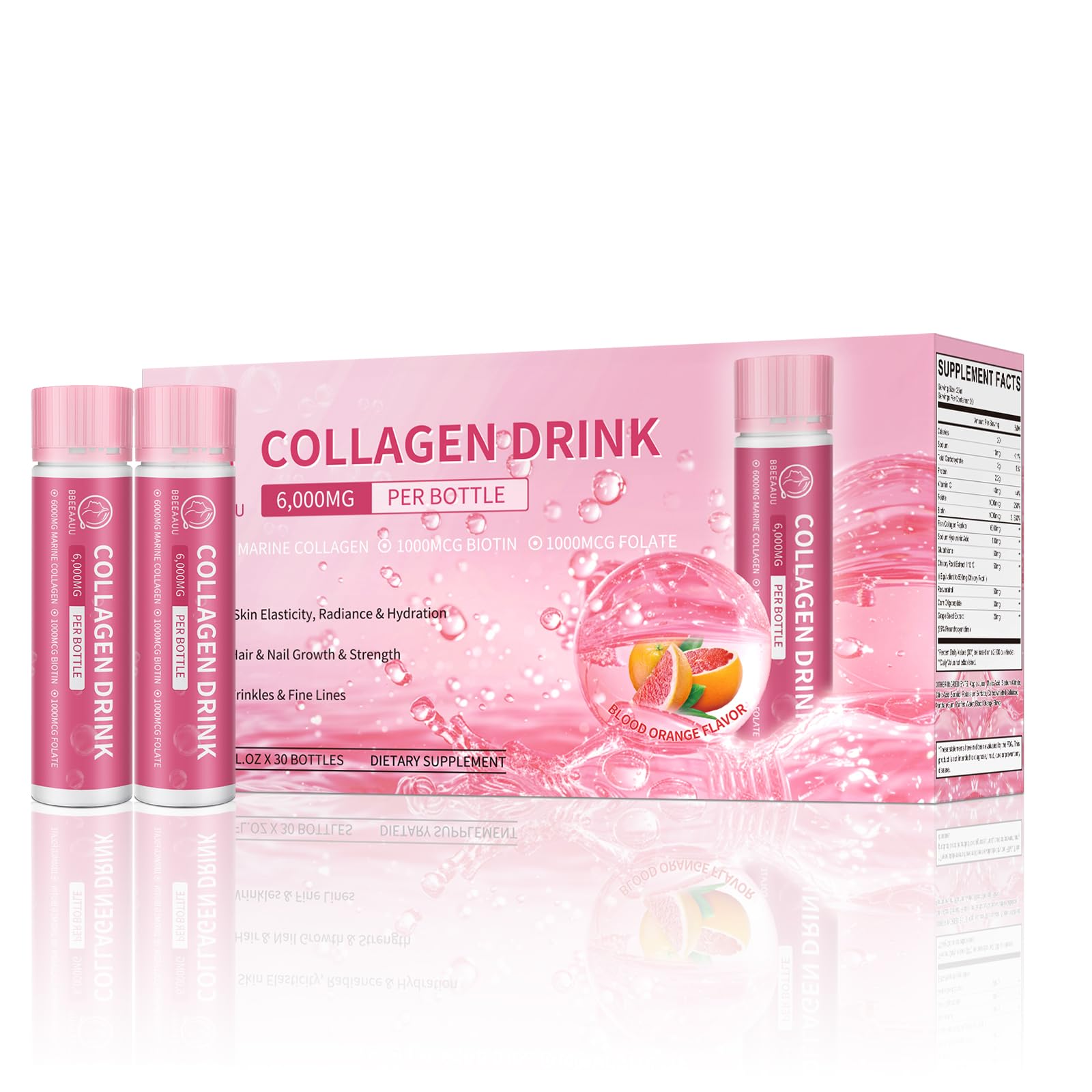 Collagen Drink with 6000 mg Marine Collagen Peptides, Liquid Collagen Shots for Women Support Beauty, Collagen Supplements for Skin, Hair and Nail Wellness, 0.85 Fl.Oz(25 ml)x30 Bottles, Blood Orange