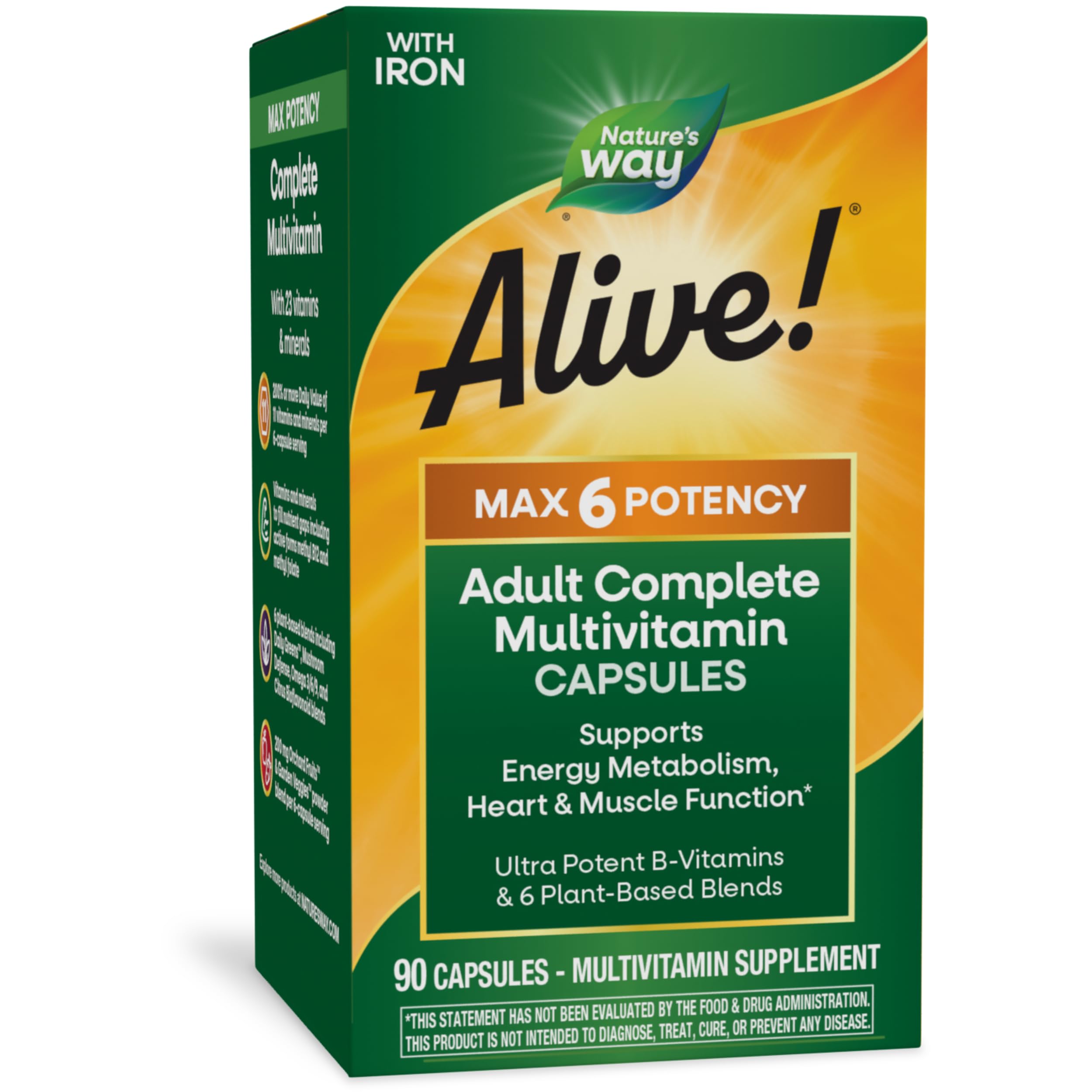 Nature's Way Alive! Max6 Potency Adult Complete Multivitamin, with Iron, Vitamins A, C, E & B-Vitamins Including Methylated B12 & Folate, Supports Energy Metabolism*, 90 Capsules (Packaging May Vary)