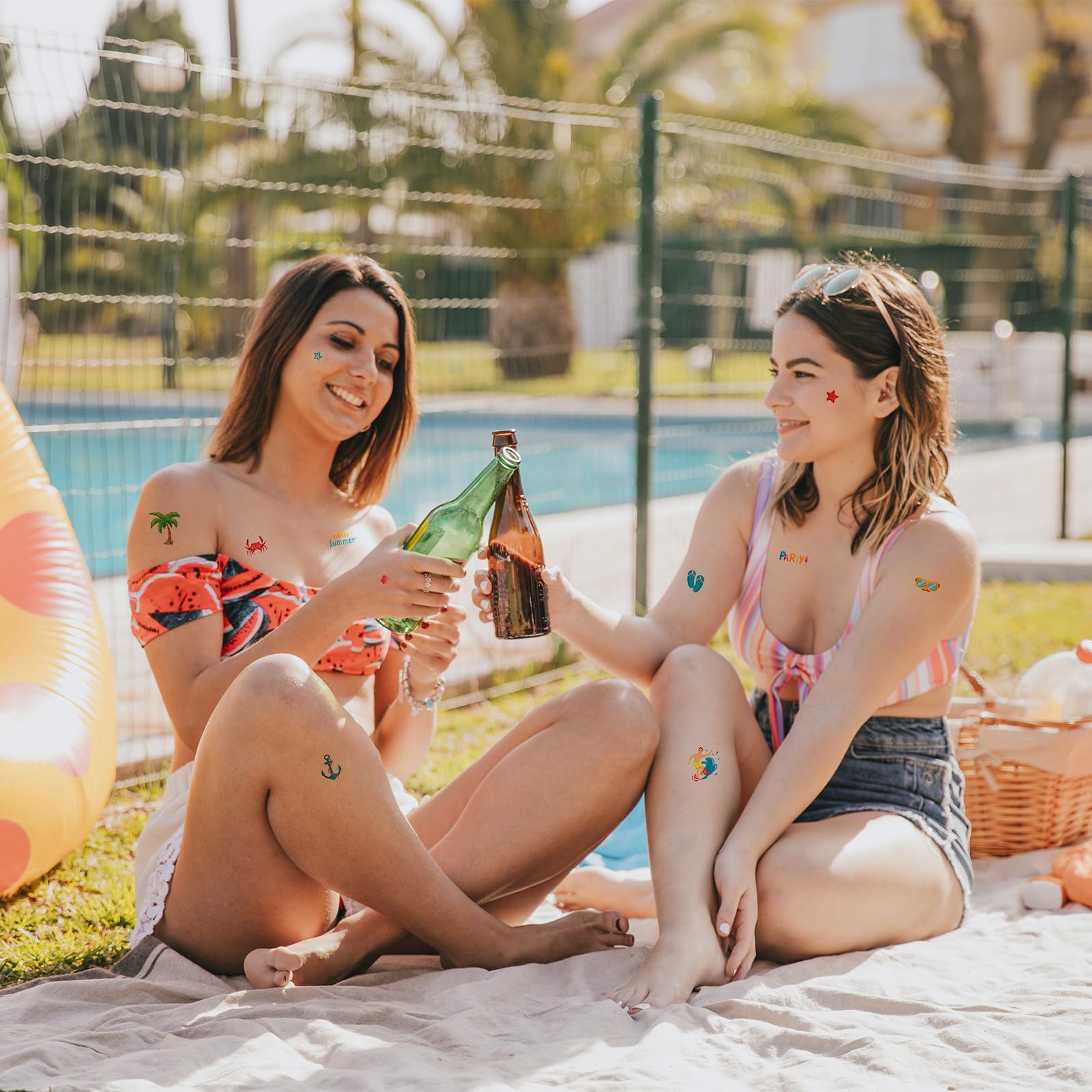 LANGFON 10 Sheet Summer Hawaiian Temporary Tattoos Tropical Beach Theme Temporary Tattoo Sticker Waterproof Palm Tree Surfboard Fake Tattoo for Women Girls Birthday Summer Hawaii Party Favor Supplies