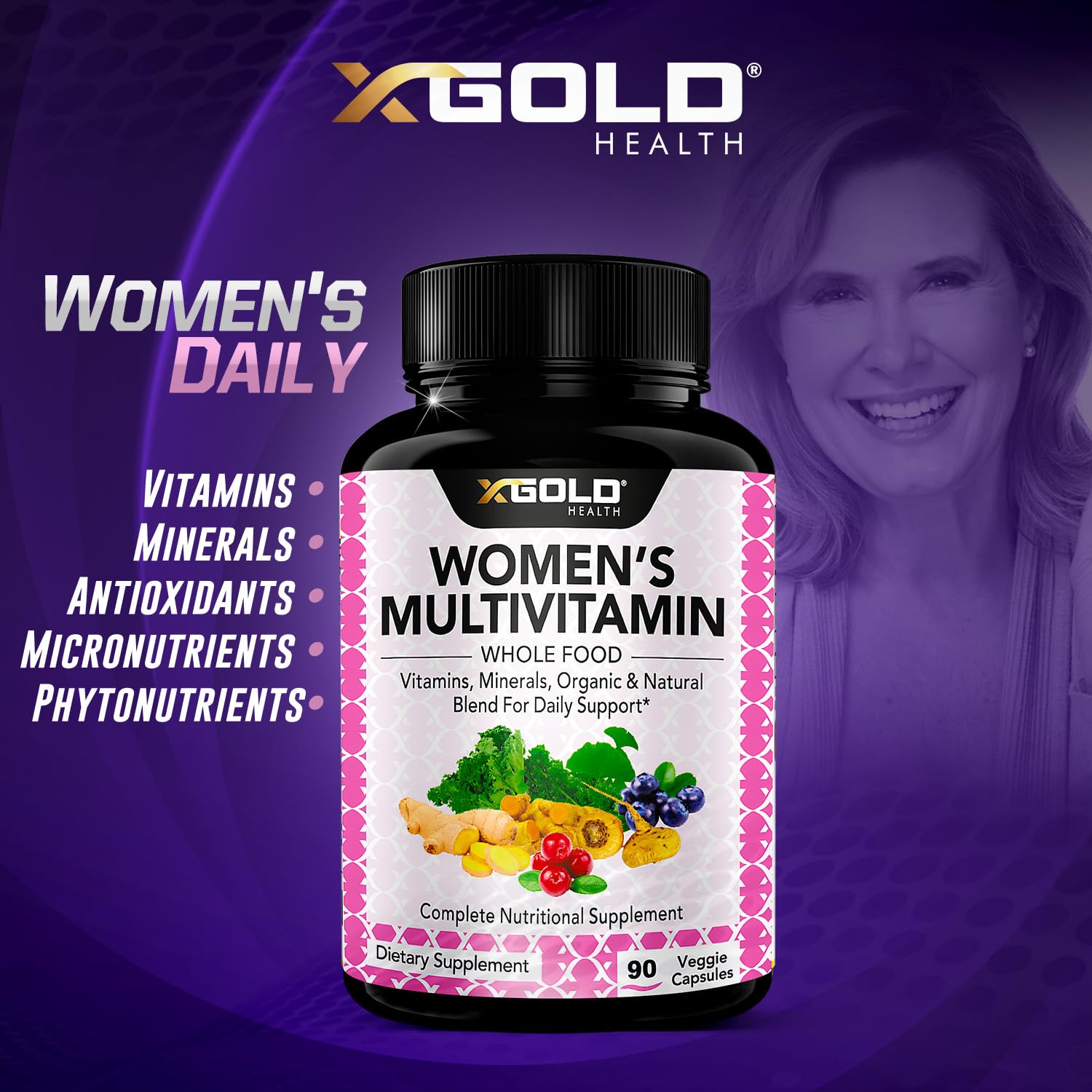 Vegan Women's Daily Multivitamin 50 Plus with Organic WholeFood Based Natural Ingredients, Ginger, Maca, Multi-Vitamin B Complex & More - Energy Support, Immune System Booster -90 Capsules