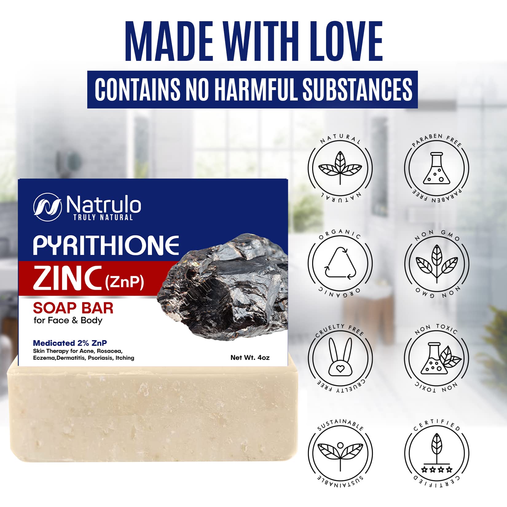 Herblov Pyrithione Zinc Soap Bar for Face & Body, 4oz | 2% ZnP Bar Soap Skin Therapy Cleanser for Acne, Rosacea, Eczema, Dermatitis, Psoriasis, Itching | Cleansing, Calming Facial Wash | Made in USA