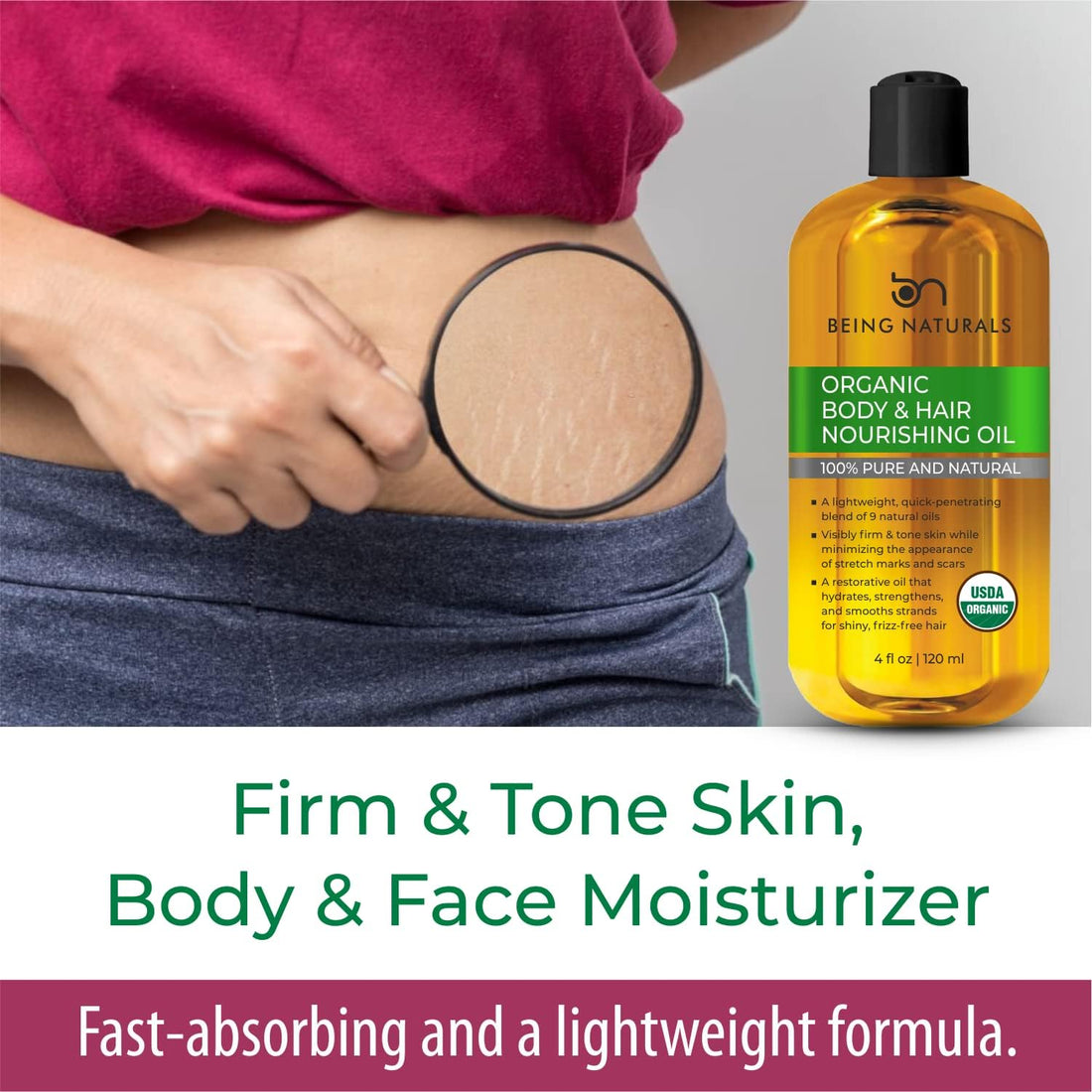 Being Naturals Organic Hair & Body Oil- for Stretch Marks, Dark Spots & Acne Scars with 9 Essential Oils & Omega 3 ;Firm & Tone Skin ; Body, Face& Hair Moisturizer - 4 fl oz