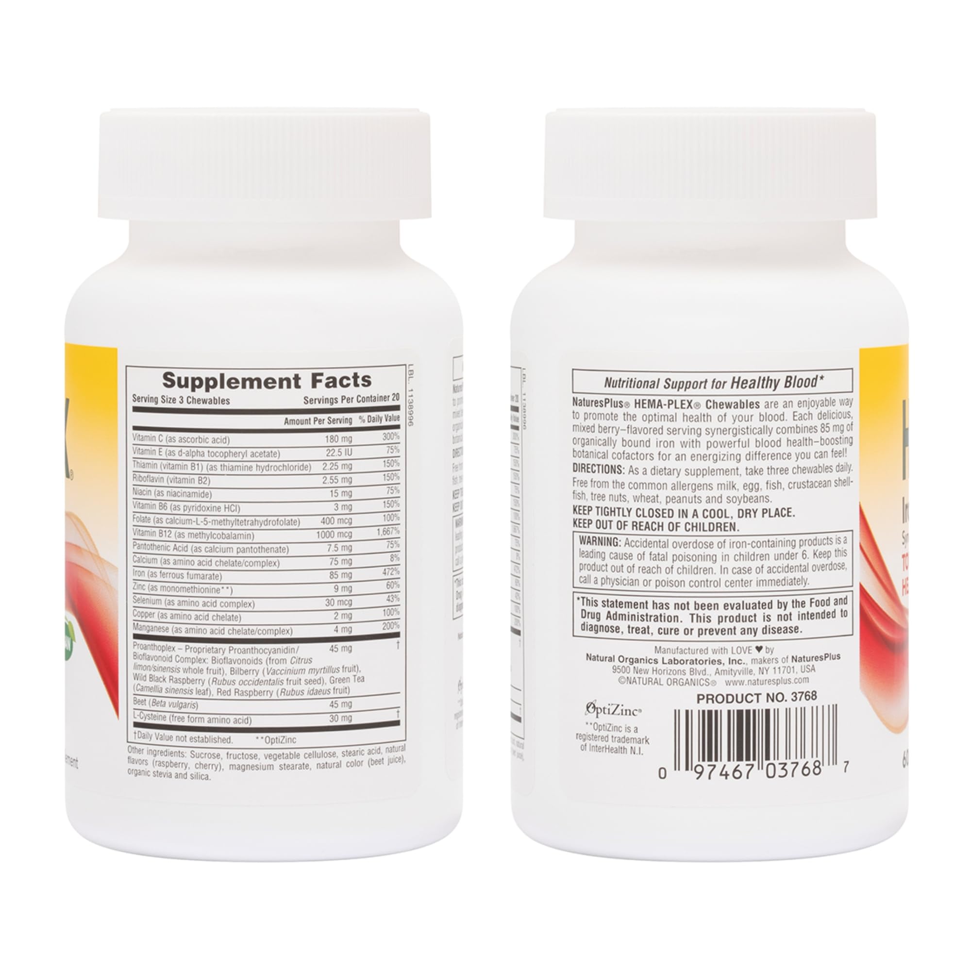 Natures Plus Hema-Plex Iron - 60 Mixed Berry Chewables - 85 mg Elemental Iron - Total Blood Health - with Vitamin C & Bioflavonoids - Vegan, Gluten Free - 20 Servings