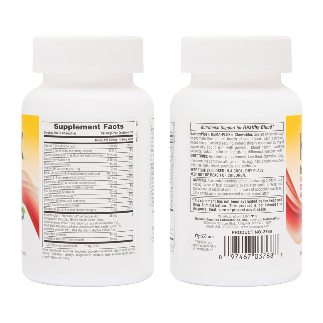 Natures Plus Hema-Plex Iron - 60 Mixed Berry Chewables - 85 mg Elemental Iron - Total Blood Health - with Vitamin C & Bioflavonoids - Vegan, Gluten Free - 20 Servings