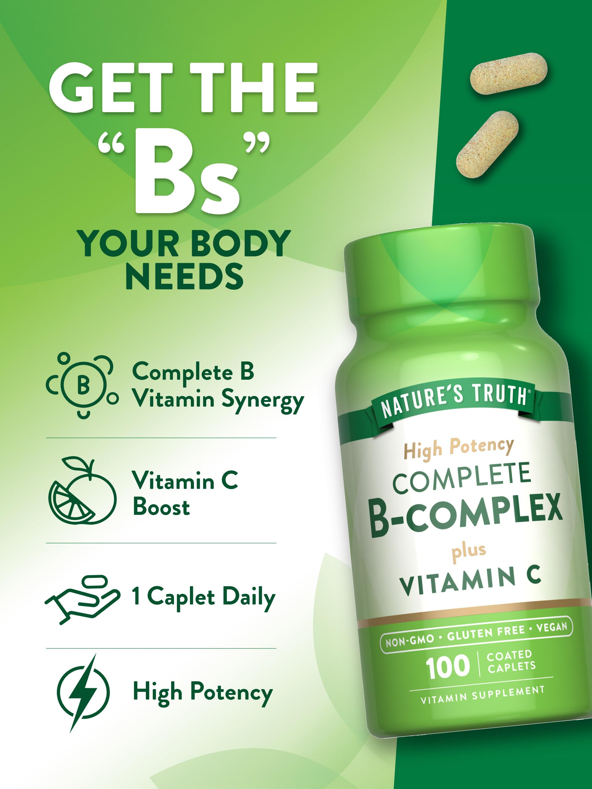 Nature's Truth Vitamin B Complex Plus Vitamin C | 100 Caplets | Vegan, Non-GMO & Gluten Free Supplement