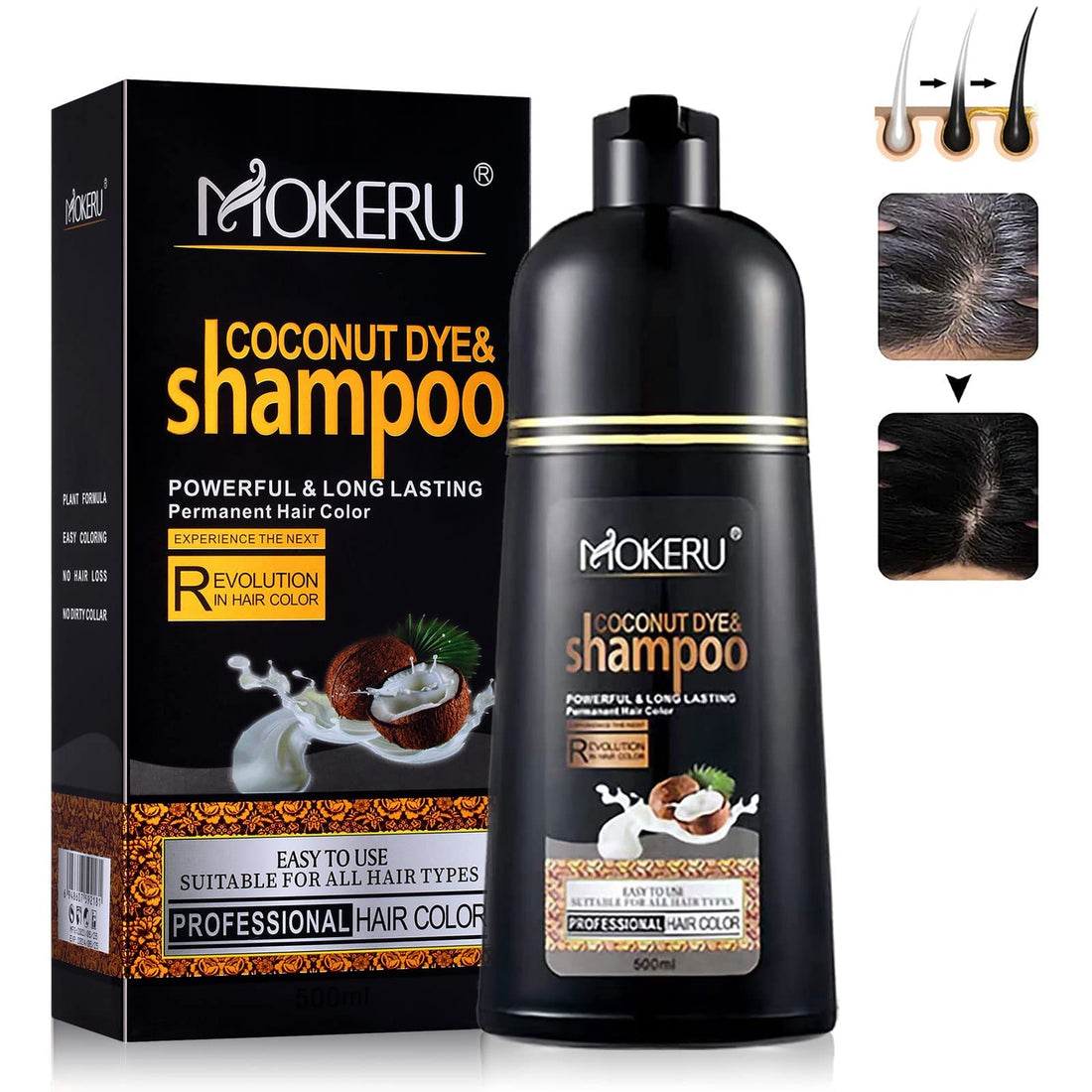 Instant Black Hair Shampoo for Gray Hair - Herbal Black Hair Dye Shampoo 3 in 1 for Women & Men,16.90 Fl Oz Black Hair Dye, Long lasting Black Shampoo, Champu Para Canas & Shampoo Para Canas(Black)