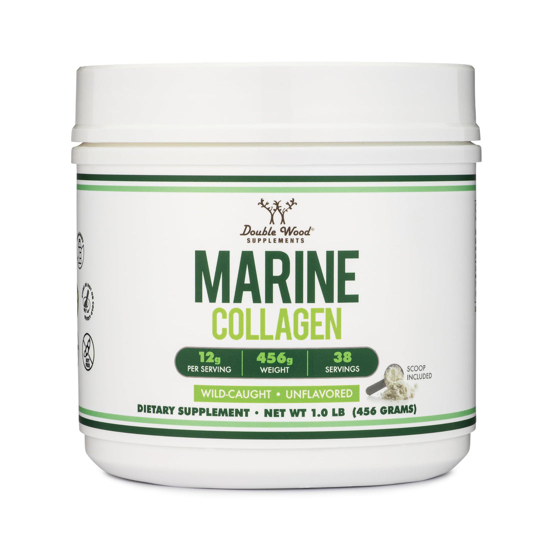 Double Wood Supplements Marine Collagen Powder (1 LB / 16 OZ of Quick Dissolve Marine Collagen Peptides) Wildcaught, Unflavored, Micronized - Scoop Included, No Fillers (38 Servings of 12 Grams Each)