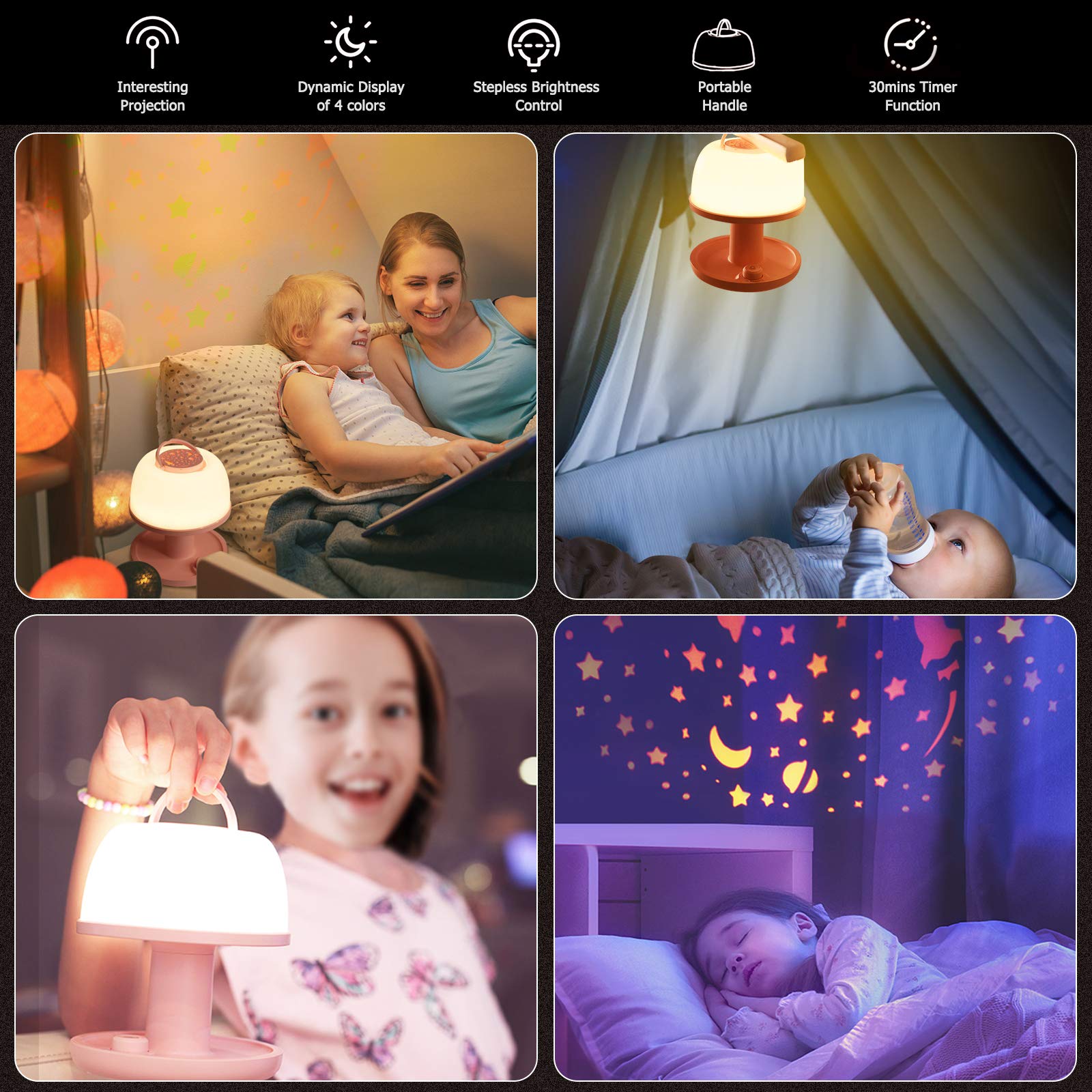 LICKLIP Toddler Night Light Lamp, Dimmable LED Bedside Lamp with Star Projector, Kids Lights Timer Design & Color Changing, Portable Rechargeable Cute Gifts for Children Bedroom