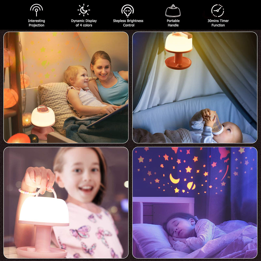 LICKLIP Toddler Night Light Lamp, Dimmable LED Bedside Lamp with Star Projector, Kids Lights Timer Design & Color Changing, Portable Rechargeable Cute Gifts for Children Bedroom