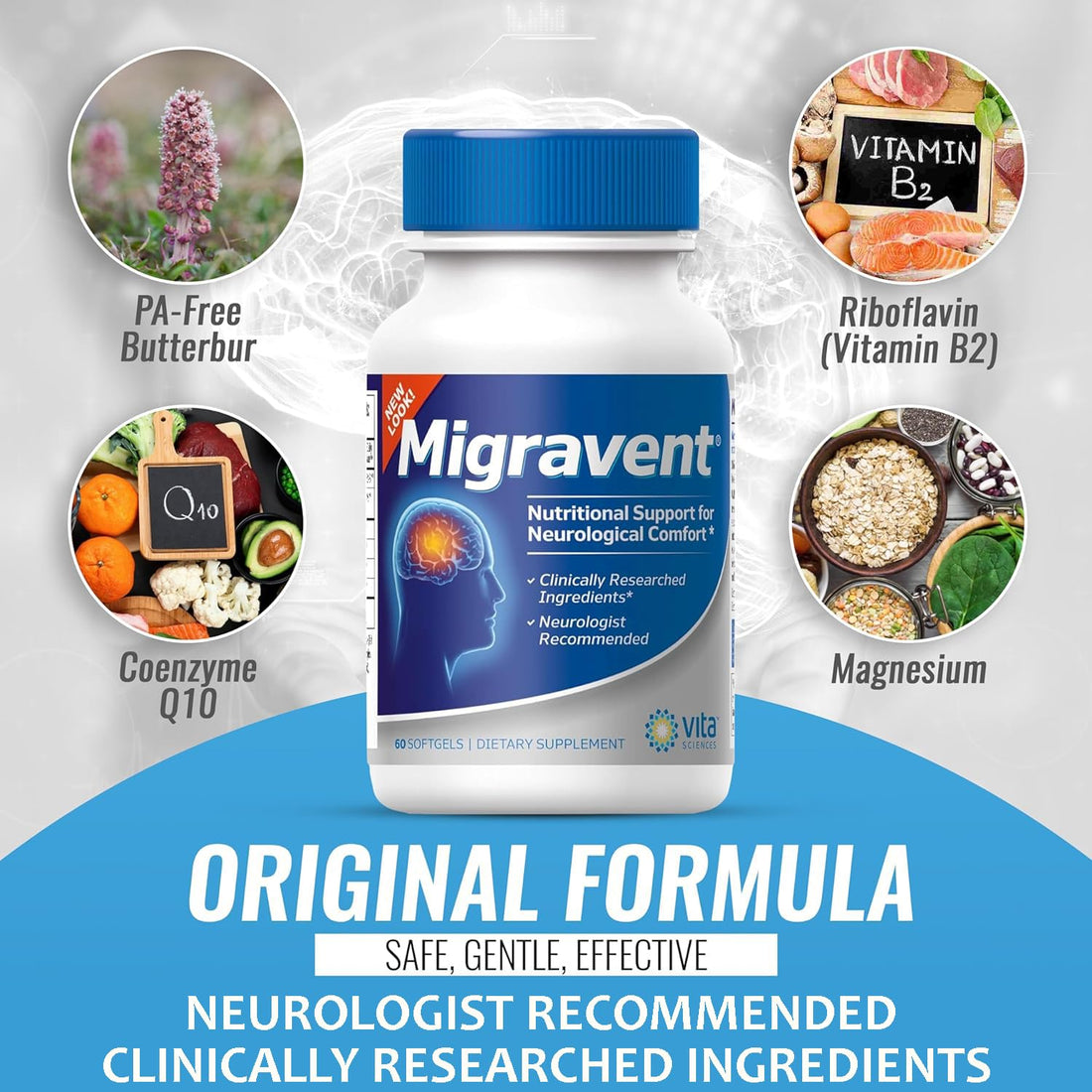 Vita Sciences Migravent Migraine Relief Supplement w/Vitamin B2, Riboflavin, Magnesium, Coenzyme CoQ10, PA-Free Butterbur, Bioperine, Premium Herbal Extracts 60 Count