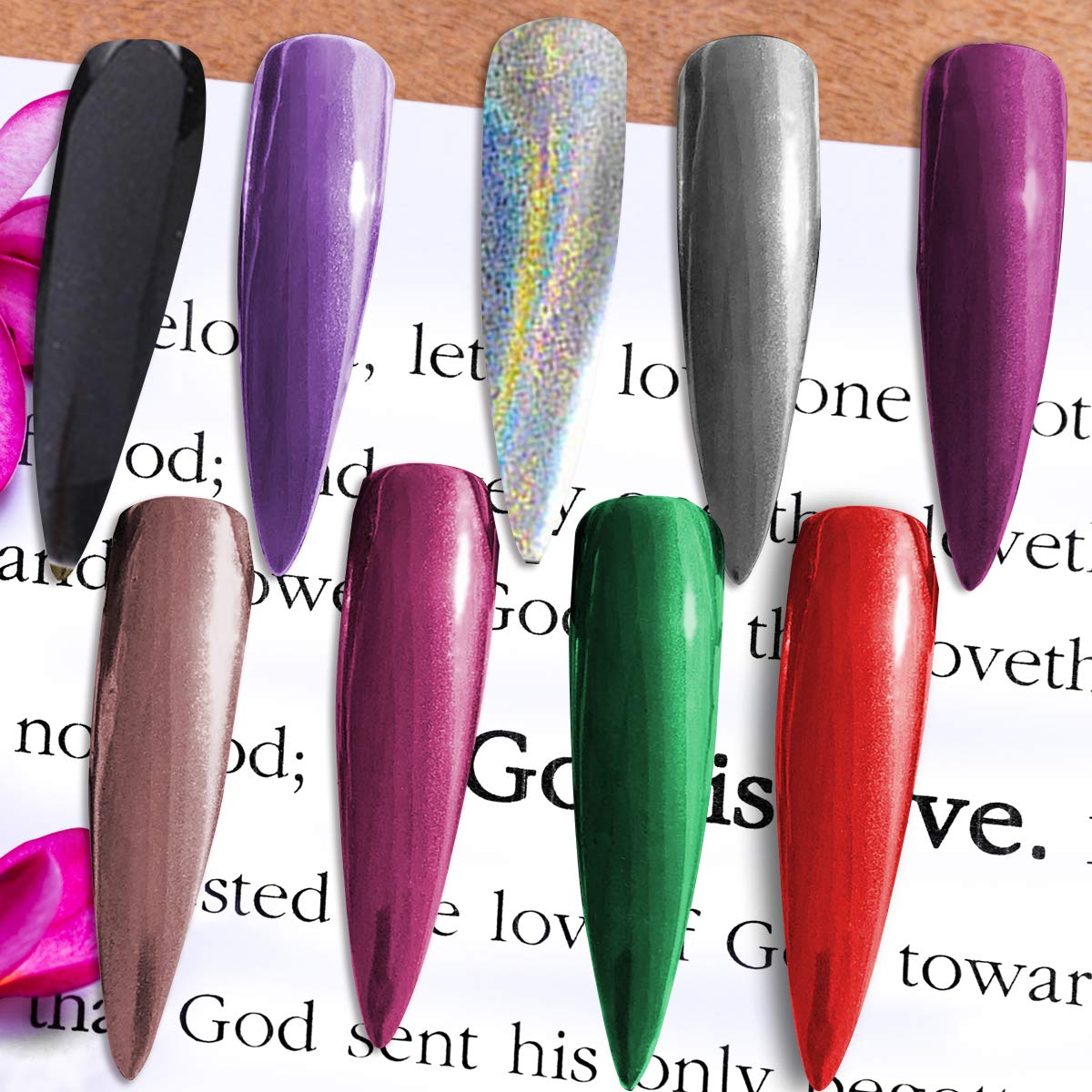 Duufin 14 Jars Chrome Nail Powder Metallic Nail Art Powder Mirror Effect Manicure Chrome Powder 14 Colors Nail Powders with 14 Pcs Eyeshadow Sticks, 1g/Jar