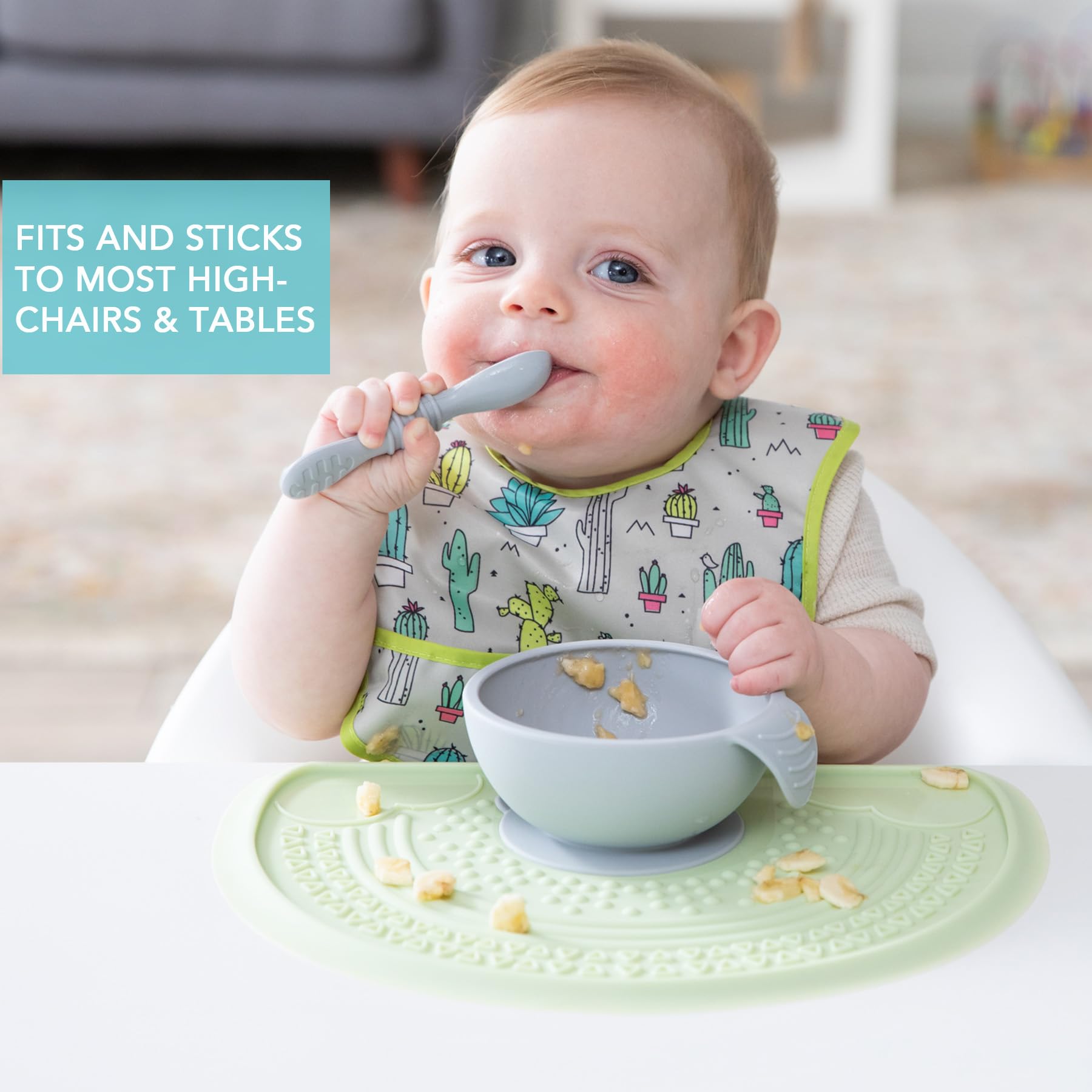Bumkins Baby Bowl, Silicone Feeding Set with Suction for Baby and Toddler, Includes Spoon and Lid, First Feeding Set, Training Essentials for Baby Led Weaning for Babies 4 Months Up, Gray