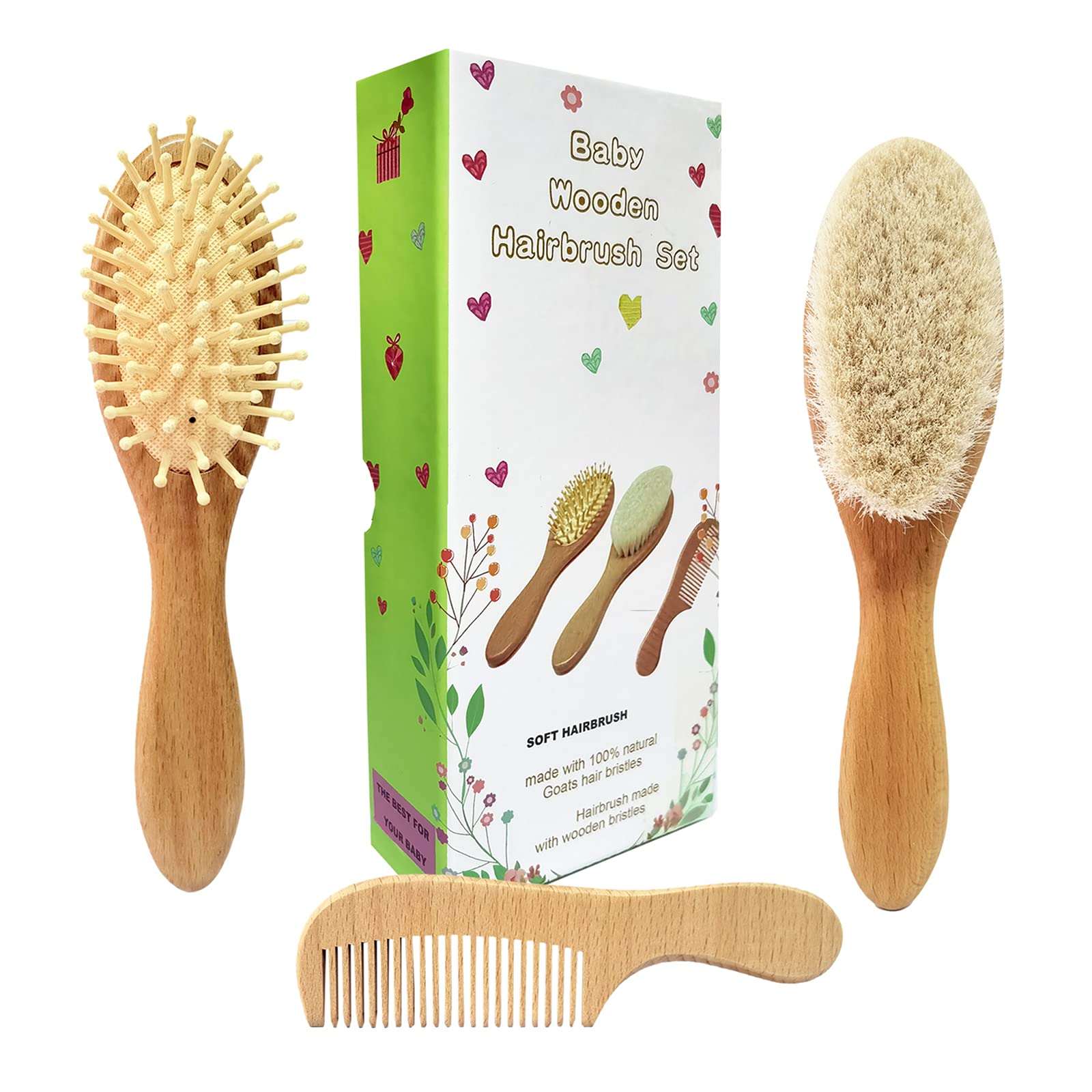 Molylove 3 Piece Baby Hair Brush and Comb Set for Newborn & Toddlers- Natural Wooden Hairbrush with Soft Goat Bristles for Cradle Cap - Perfect Scalp Grooming Product for Infant, Toddler, Kids, Baby