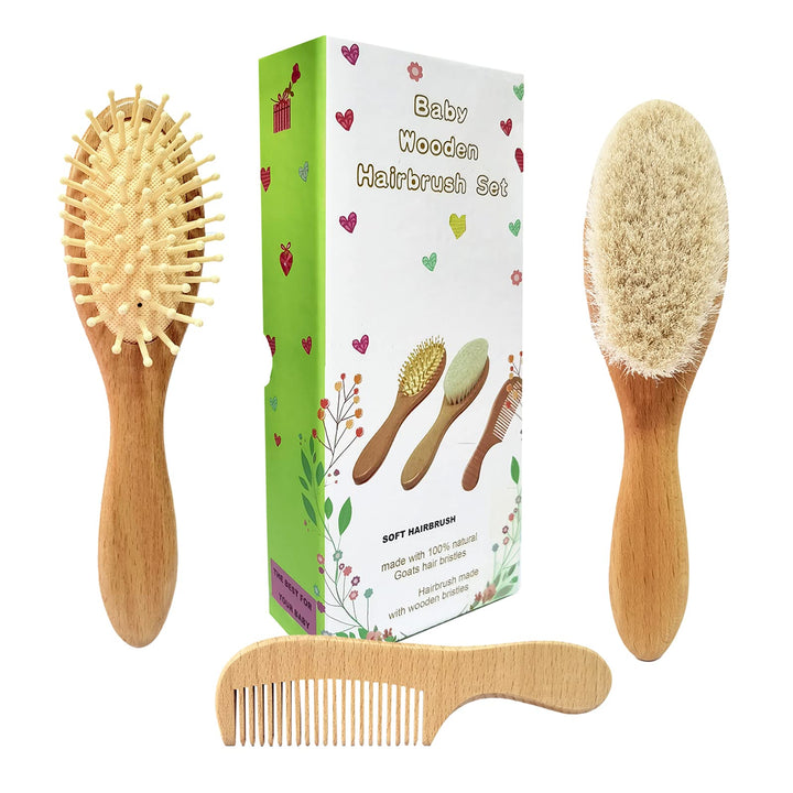 Molylove 3 Piece Baby Hair Brush and Comb Set for Newborn & Toddlers- Natural Wooden Hairbrush with Soft Goat Bristles for Cradle Cap - Perfect Scalp Grooming Product for Infant, Toddler, Kids, Baby
