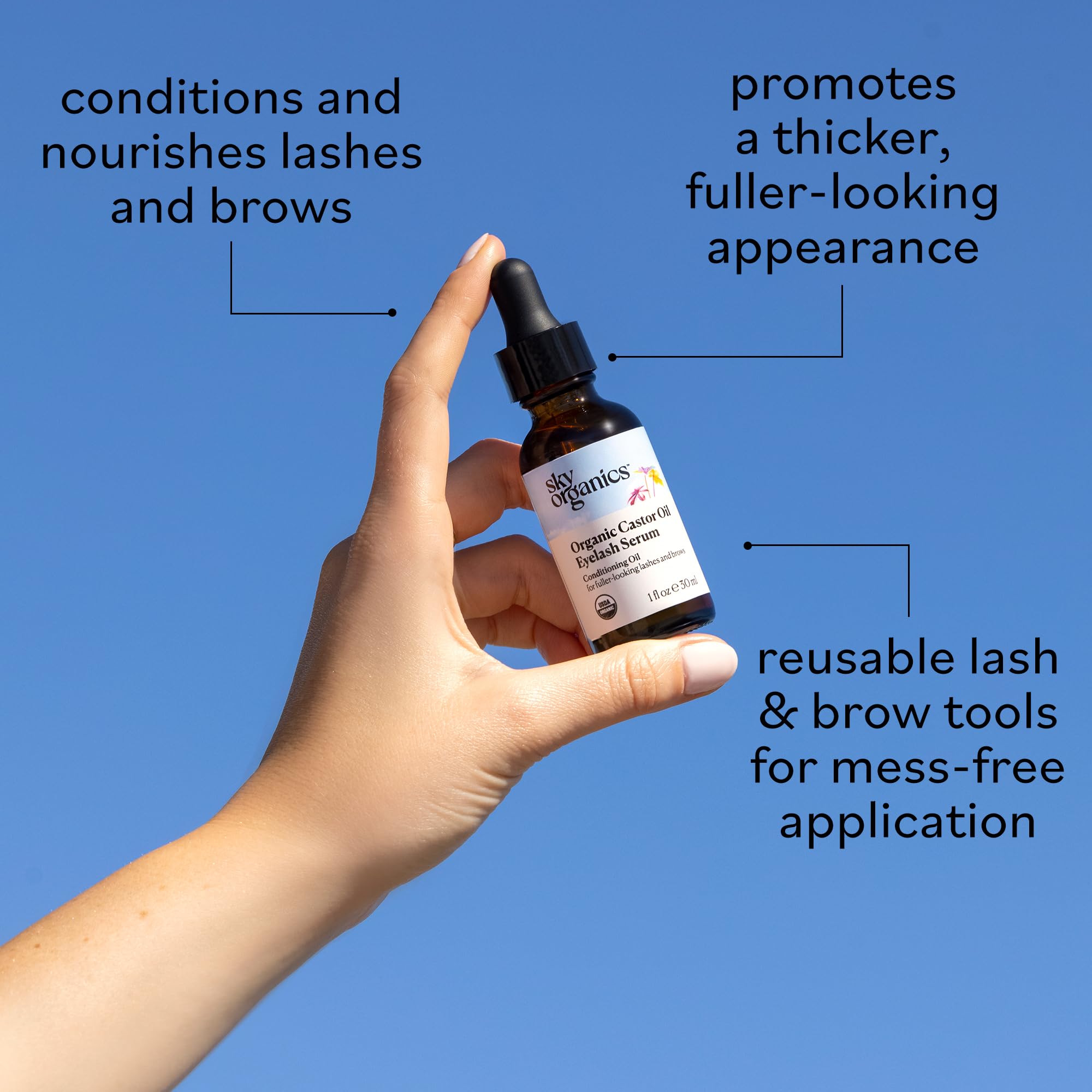 Organic Castor Oil By Sky Organics, Cold-Pressed, 100% Pure, Hexane-Free Castor Oil - Dry Skin, Hair Growth, Eyelashes growth and eyebrows growth- Caster Oil Lash Enhancer with Mascara Brushes (30ml)