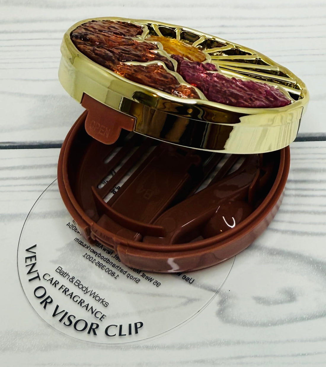 Bath and Body Works Yellow, Orange and Pink with Gold Mountain Sunrise Car Visor Fragrance Holder Easy To Open