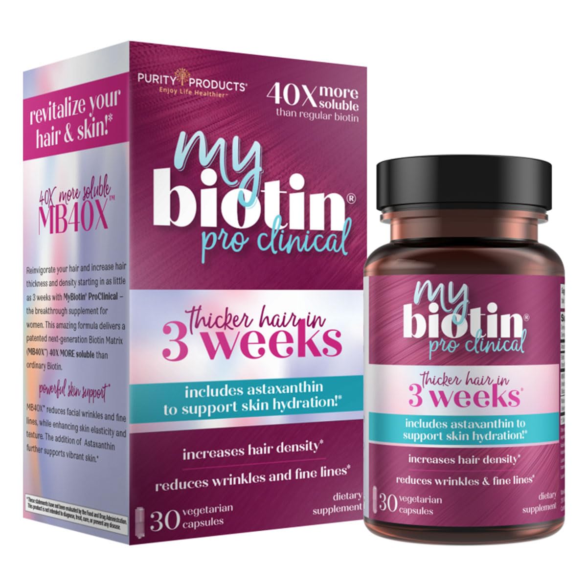 Purity Products MyBiotin ProClinical – Thicker Hair Starting in 3 Weeks & Fights Wrinkles - MB40X Patented Biotin Matrix w/Astaxanthin - 40X More Soluble vs Ordinary Biotin 30 Veg Cap