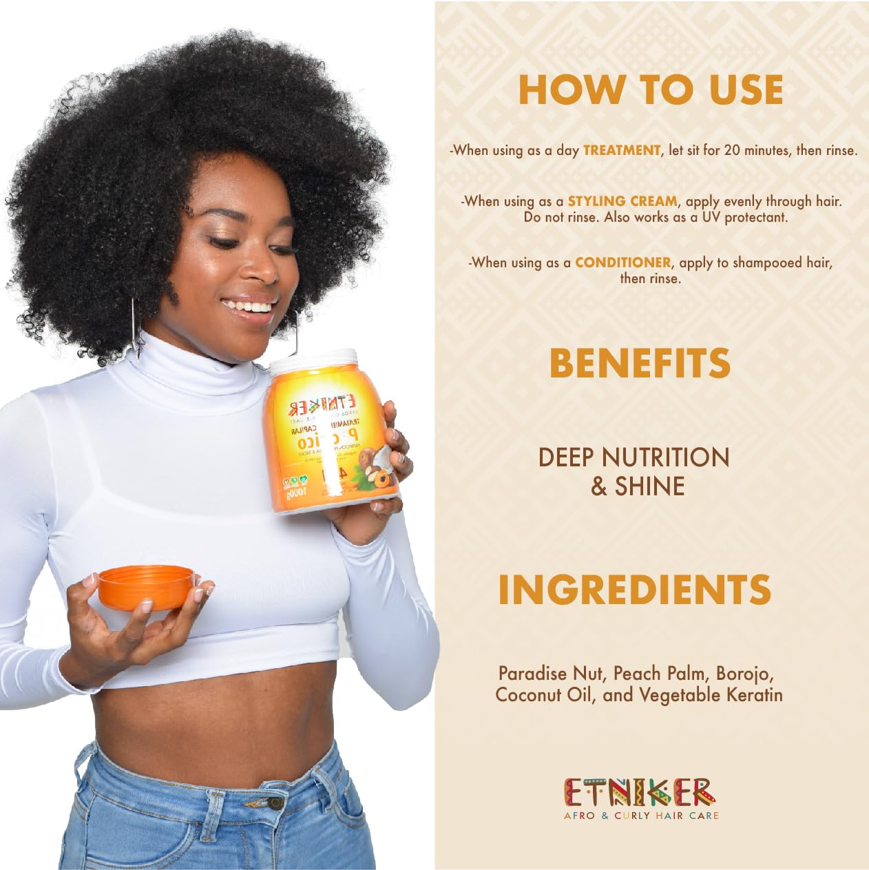 ETNIKER PACIFICO Hair Treatment for Afro, Curly & Wavy Hair | 4-in-1 Deep Conditioner, Styling Cream, UV Protection & Repair Mask | with Peach Palm, Borojo, Coconut Oil & Vegetable Keratin | 33 oz