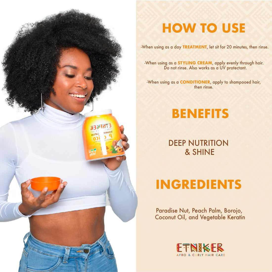 ETNIKER PACIFICO Hair Treatment for Afro, Curly & Wavy Hair | 4-in-1 Deep Conditioner, Styling Cream, UV Protection & Repair Mask | with Peach Palm, Borojo, Coconut Oil & Vegetable Keratin | 33 oz