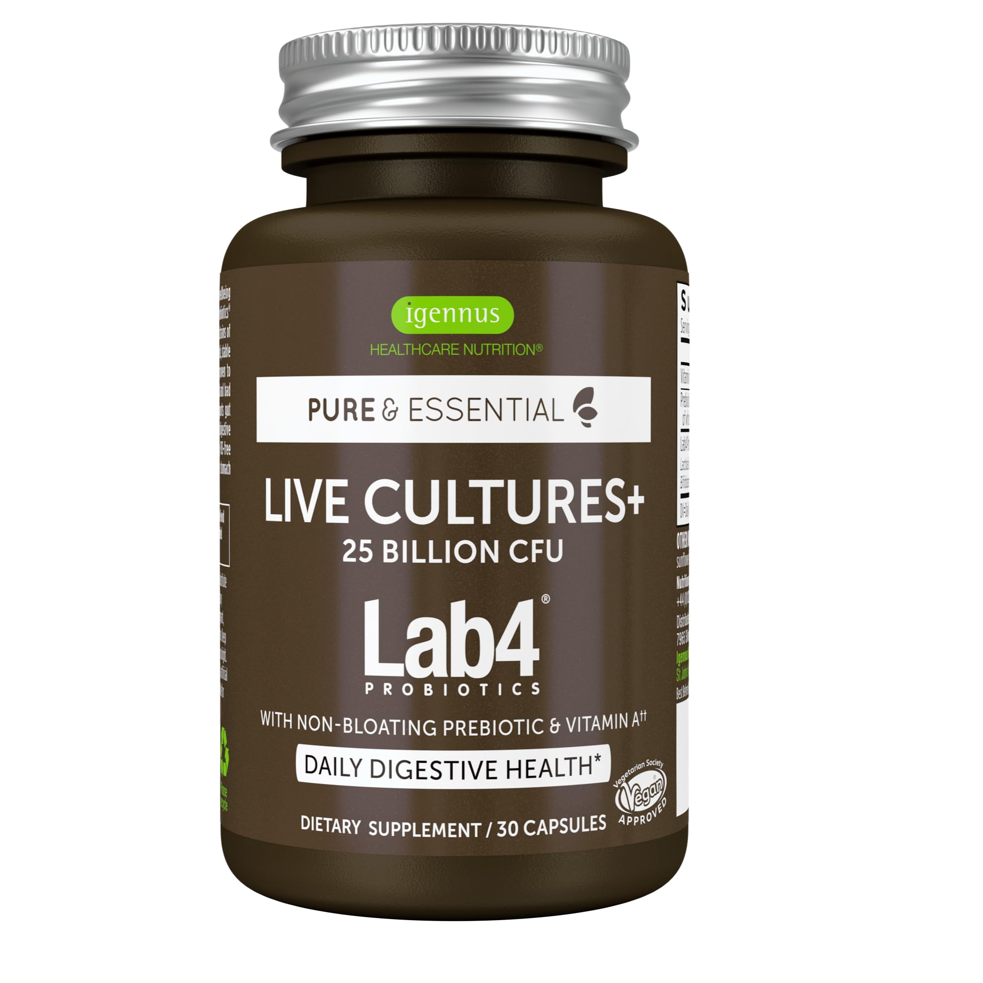 Igennus Probiotics & Prebiotic, Lactobacillus Acidophilus & Bifidobacterium, Live Cultures+ Lab4, Guaranteed 25 Billion CFU, for Women & Men, Non-Bloating Gut Health Support, Non-GMO, 30 Capsules