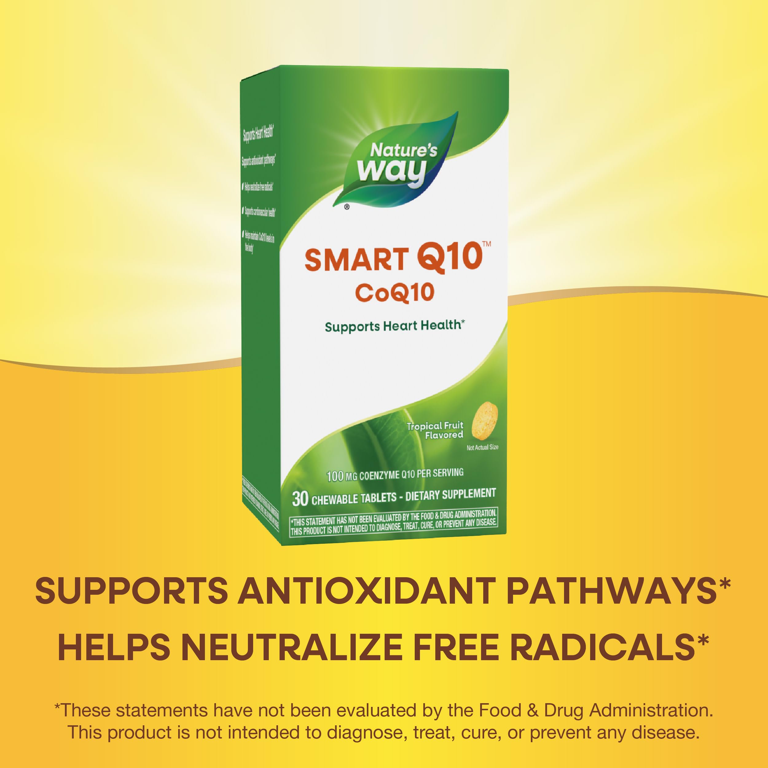 Nature's Way SMART Q10 CoQ10, Supports Heart Health & Cellular Energy*, Tropical Fruit Flavored, 100 mg per Serving, 30 Chewable Tablets (Packaging May Vary)