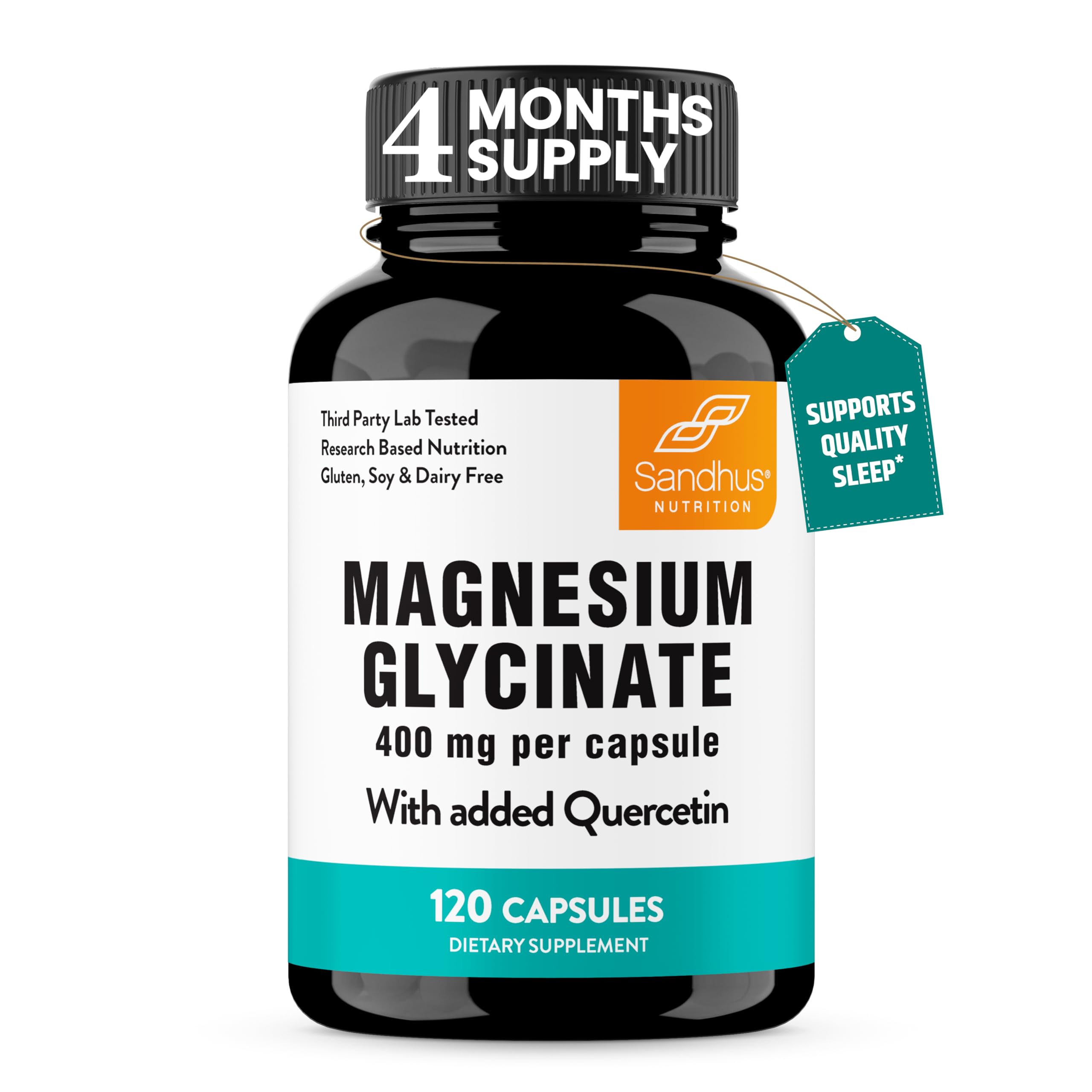 Magnesium Glycinate 400mg Capsules with Quercetin | Quality Sleep, Relaxation, Muscle, Bone Health & Immune Support | 120 Count | Easy to Swallow | for Women and Men