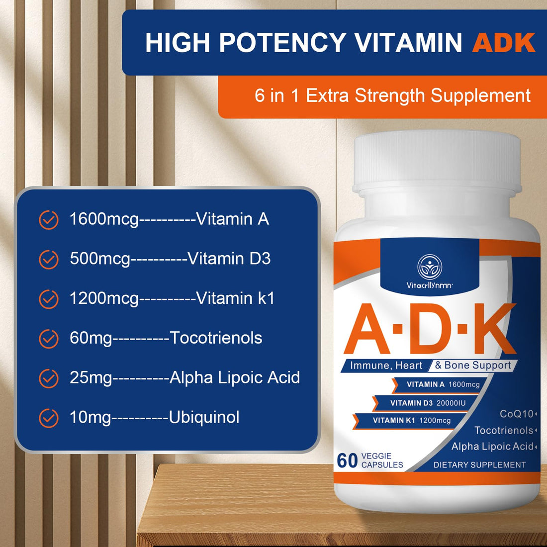 VITACRLLYNMN ADK Vitamin Supplement 20000 IU - High Potency Vitamins A, D3 and K1 for Heart, Bone Health and Immune Support Vitamin ADK 60 Capsules