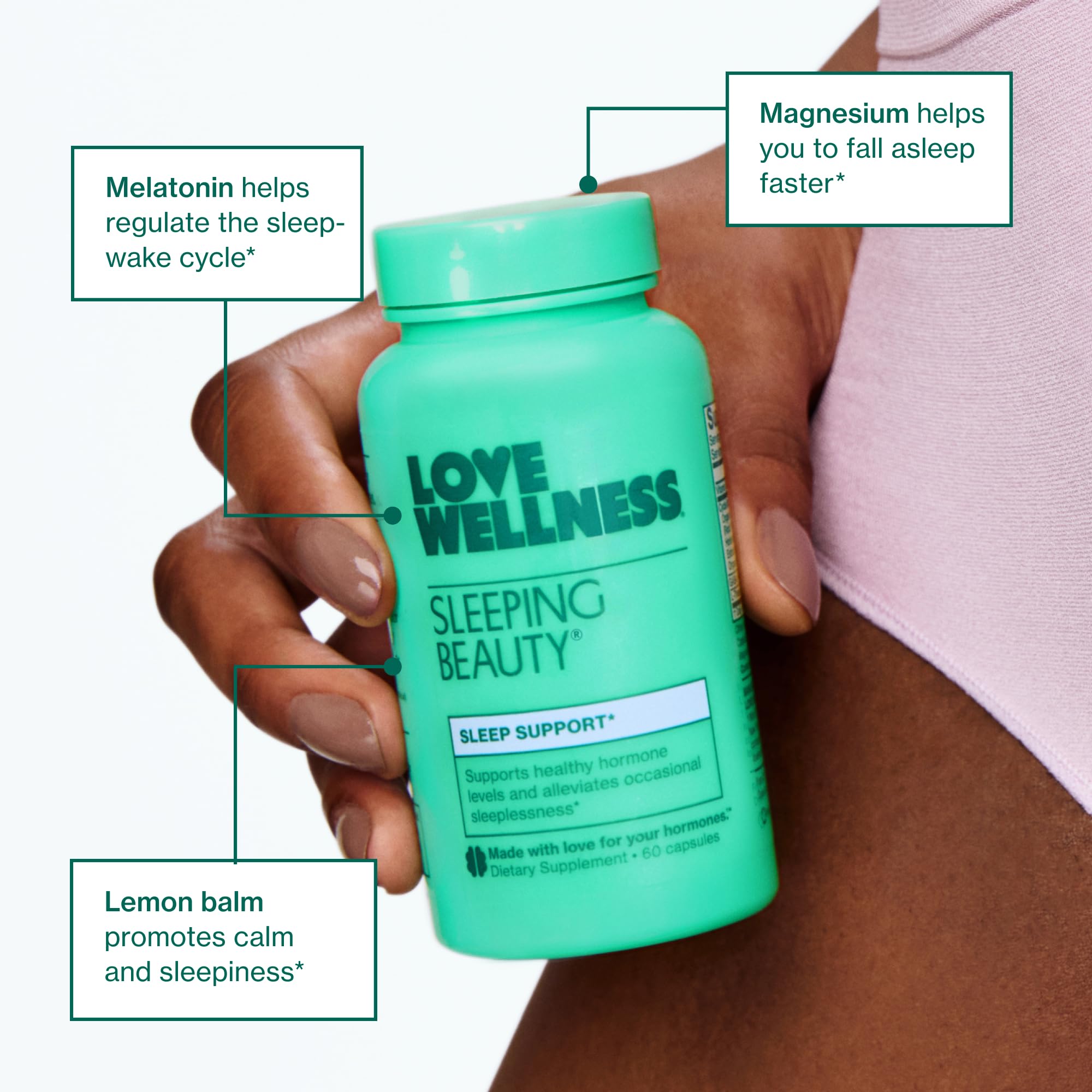 Love Wellness Sleeping Beauty | Sleep Support with Melatonin, Magnesium & L-Theanine | Promotes Restful Sleep, Relaxation & Calmness | Organic Valerian Root Powder & Lemon Balm | 60 Count