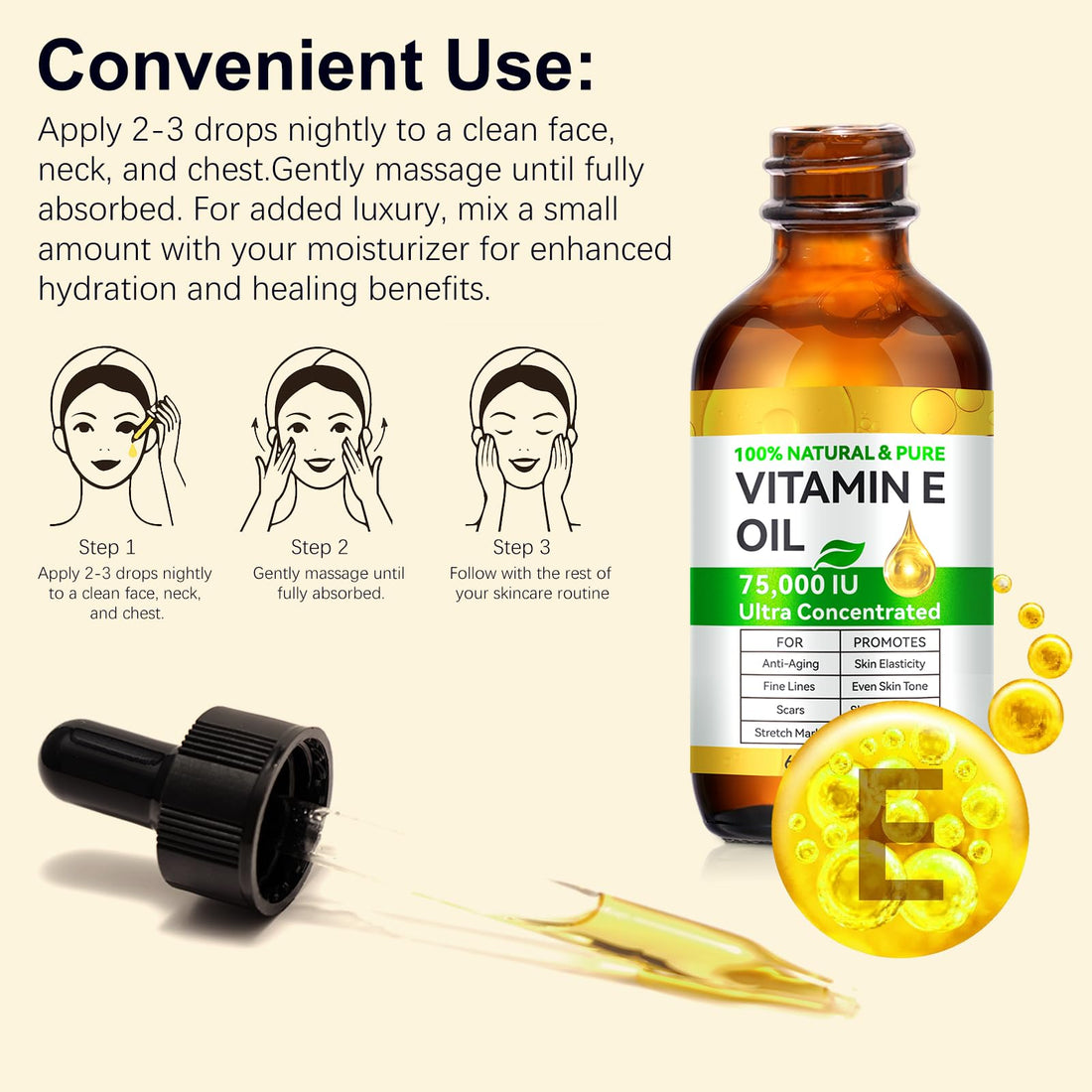 Pure Vitamin E Oil, Natural Organic Vitamin E Oil for Skin, Face and Scars, Body Massage Moisturizing Dry Skin, Nourish Hair and Scalp, 2 fl.oz