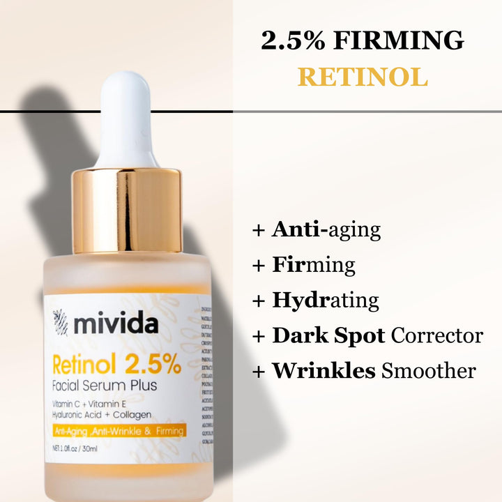 Premium Retinol Serum for Face 2.5% | Plus Hyaluronic-Acid, Vitamin C & Vitamin E | Firming Anti Aging Face Serum for fine lines, Wrinkle Smoothing, Dark Spot Corrector, Brighten Dullness | 1 Fl Oz