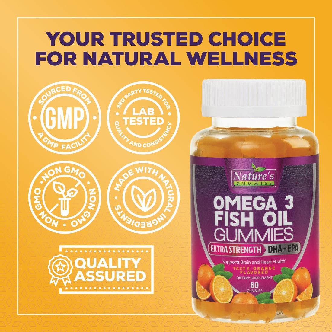 Omega Fish Oil Gummies - Delicious Orange Flavor Fish Oil Omega 3 Supplements with Heart Healthy EPA & DHA Fatty Acids for Heart, Joint & Brain Support - Omega 3 Fish Oil Gummy Vitamins - 60 Gummies