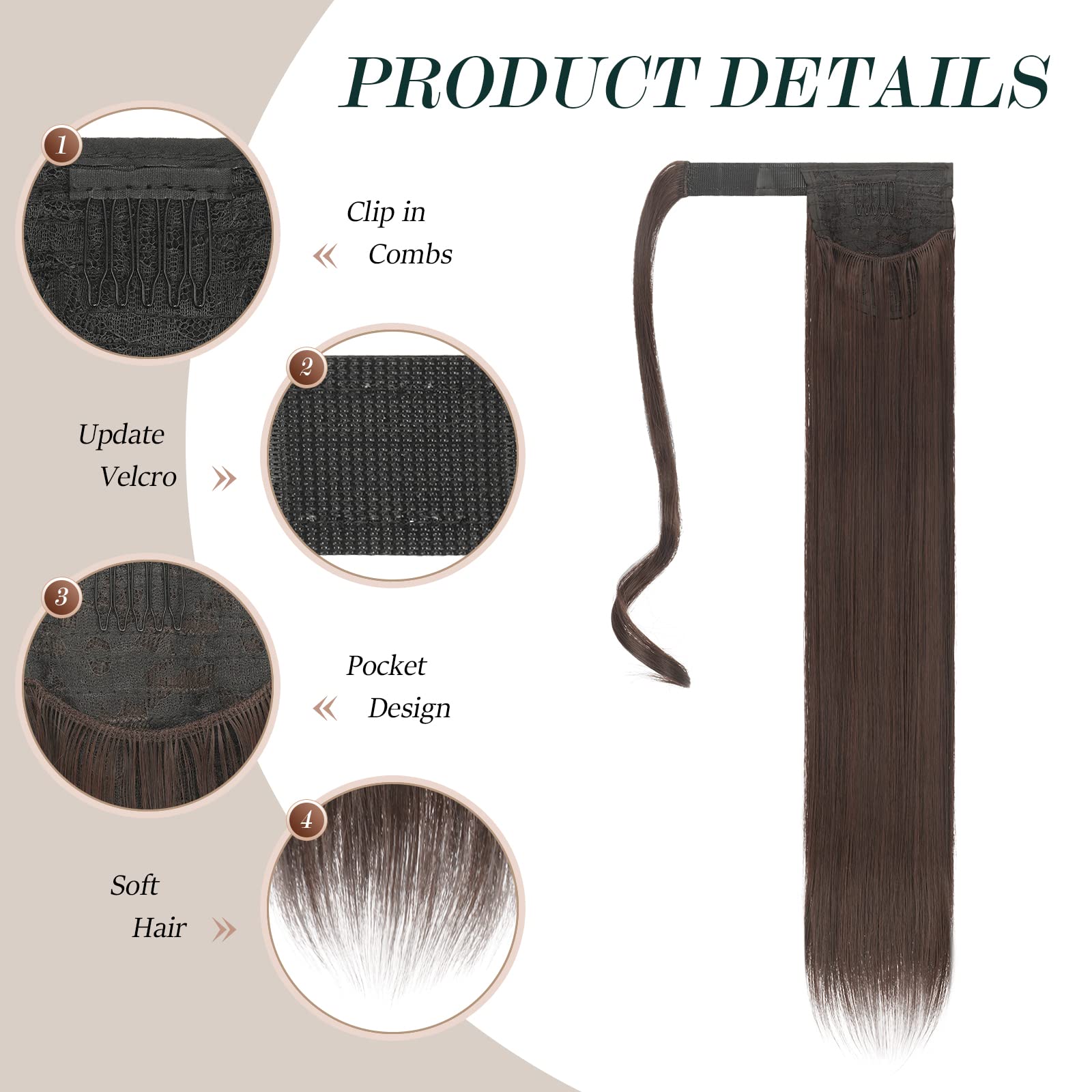 FESHFEN Straight Ponytail Extensions 28 Inch Long Wrap Around Synthetic Hair Piece Clip in Ponytail Hair Extensions Hairpiece for Women Girls 150g