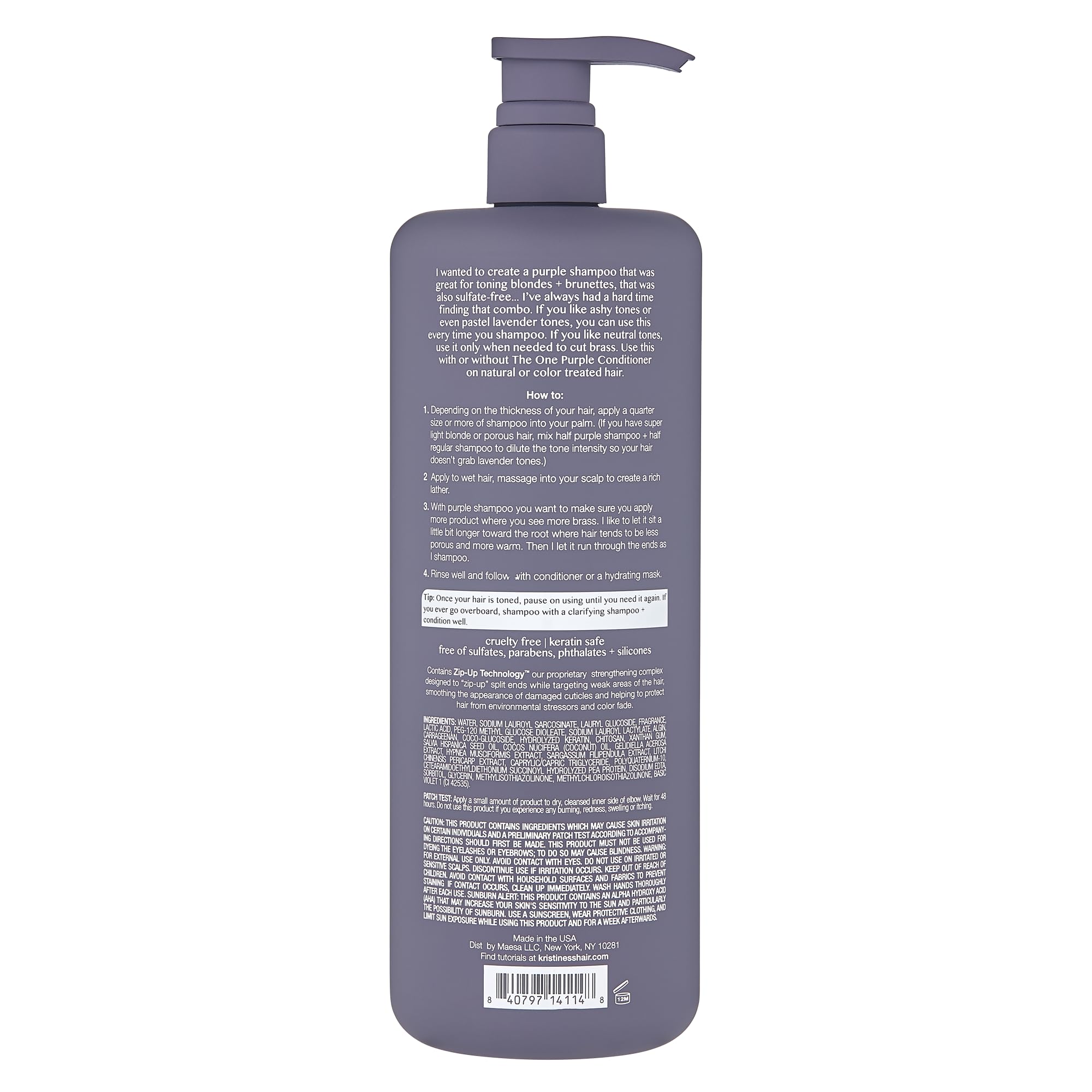 Kristin Ess Hair The One Purple Shampoo - Toning for Blonde Hair, Neutralizes Brass + Yellow Tones, Sulfate Free, 33.8 fl oz