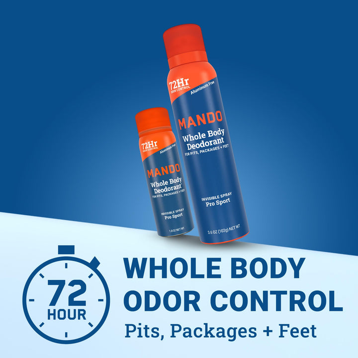 Mando Whole Body Deodorant for Men - Invisible Spray Deodorant (Full Size and Mini) - 72 Hour Odor Control, Aluminum Free, Benzene Free - 3.6 oz and 1.0 oz Cans - Pro Sport Scent