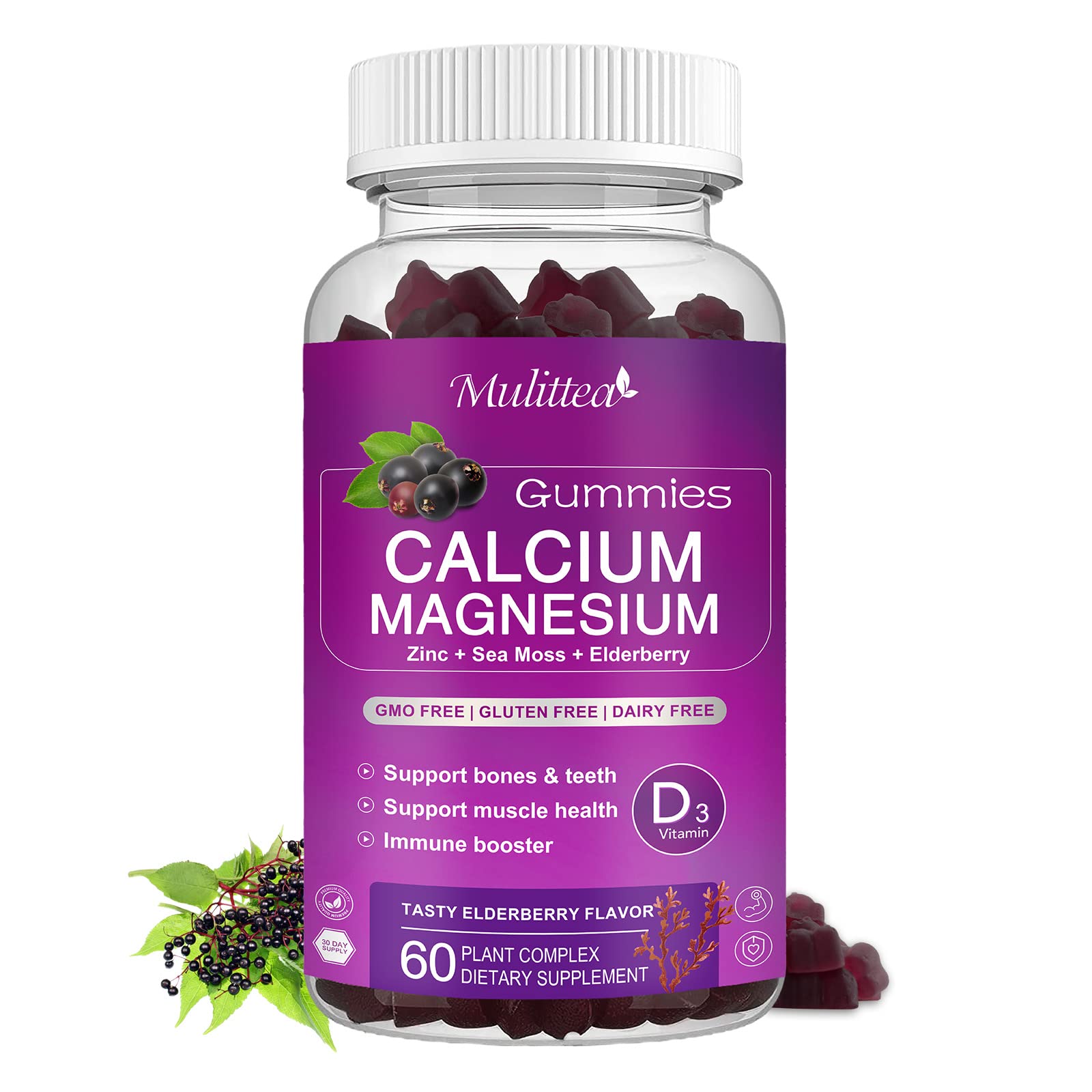 Calcium Magnesium Zinc Gummies with High Absorption Magnesium Glycinate 200mg, Potassium -Plant Calcium Supplement w/ D3 & Sea Moss for Bone, Muscles, Calm Mood & Sleep Support- Kids & adults (1 Pack)
