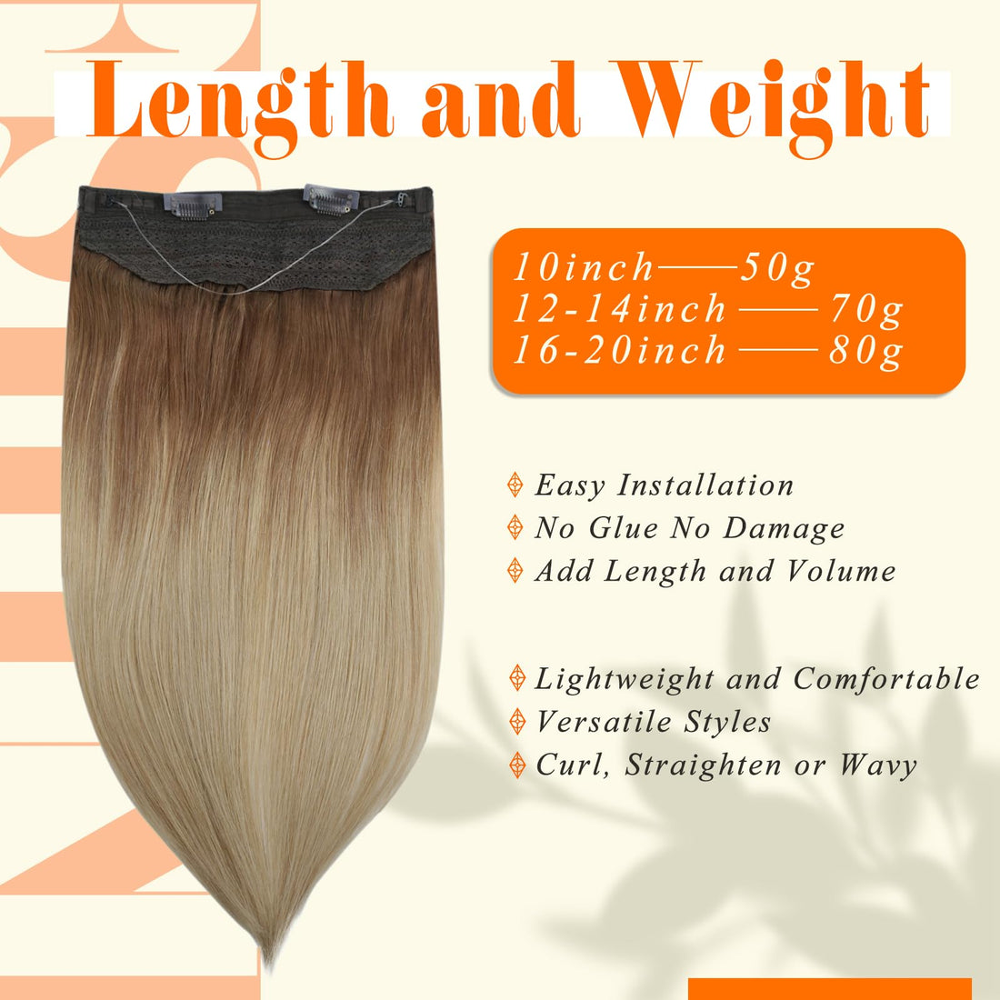 Fshine Wire Hair Extensions Real Human Hair Piece Headband for Women 80Gram Crown Hair Seamless Extensions with Invisible Transparent Wire Golden Brown Balayage Blonde Secret Crown Hair Piece 16Inch