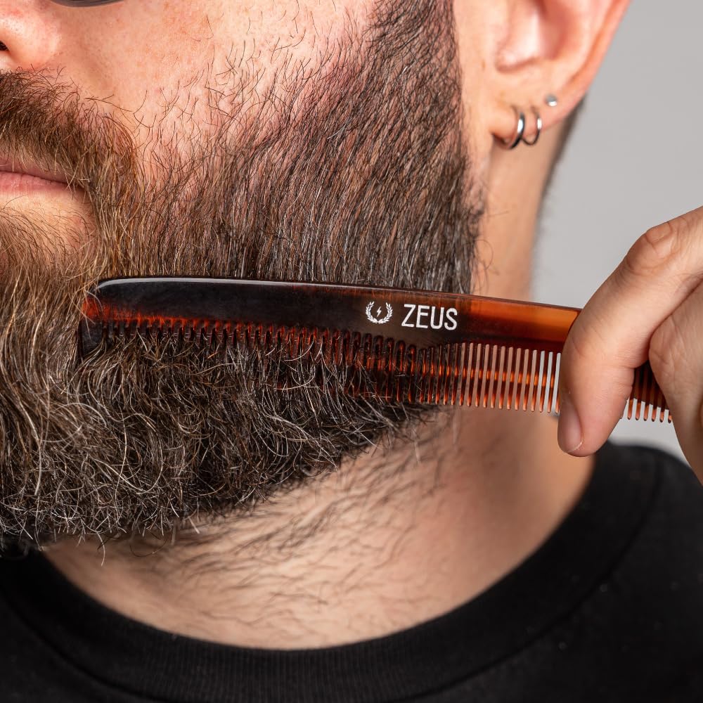 Zeus Handmade Saw-Cut Beard Comb - 6” x 1” - Premium, Static-Free Comb for Beards and Mustaches with Medium and Fine Tooth Sides