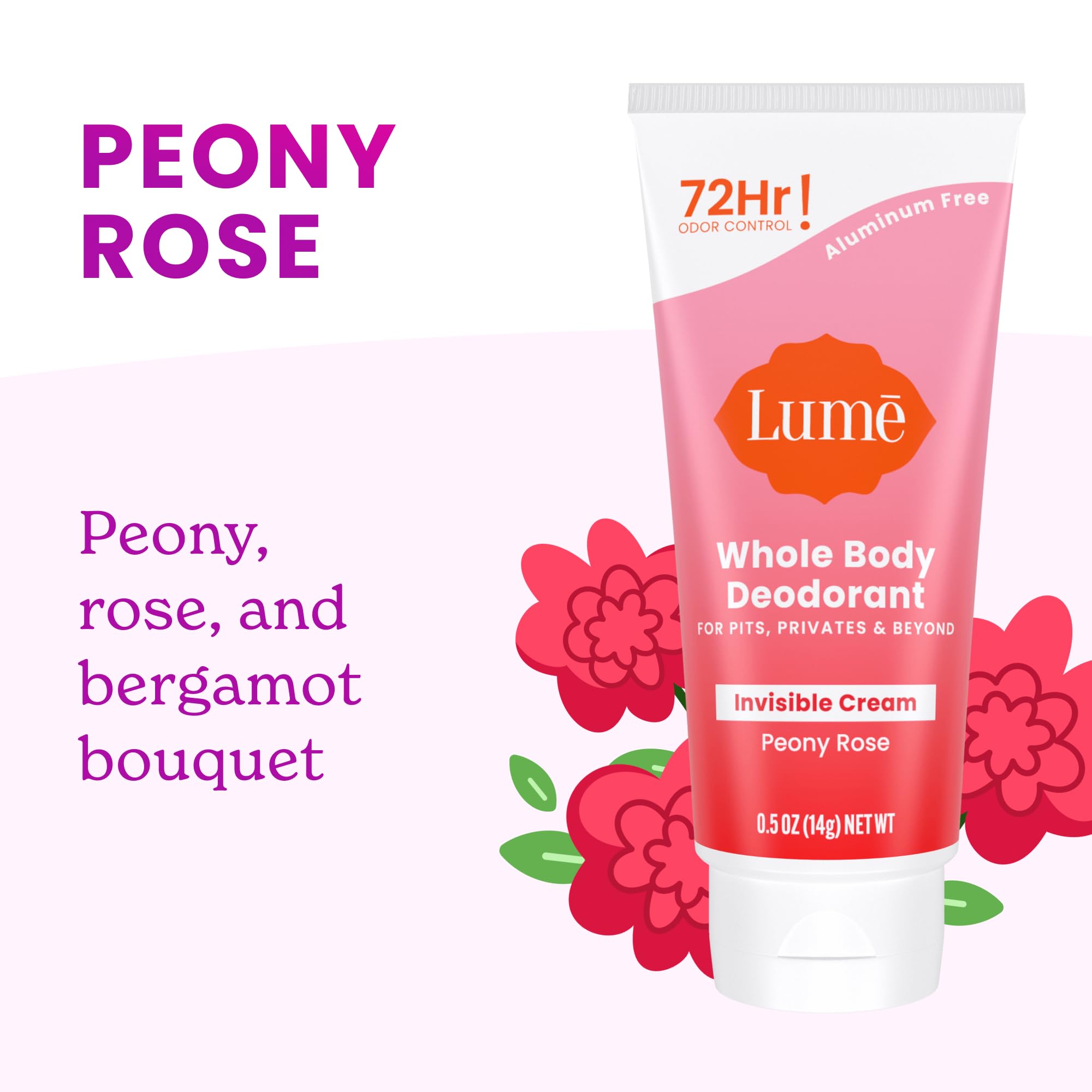 Lume Whole Body Deodorant - Mini Travel Size Invisible Cream Tube - Trial Size -72 Hour Odor Control - Doctor Developed - Aluminum Free, Baking Soda Free - .5oz (Pack of 2) (Peony Rose)