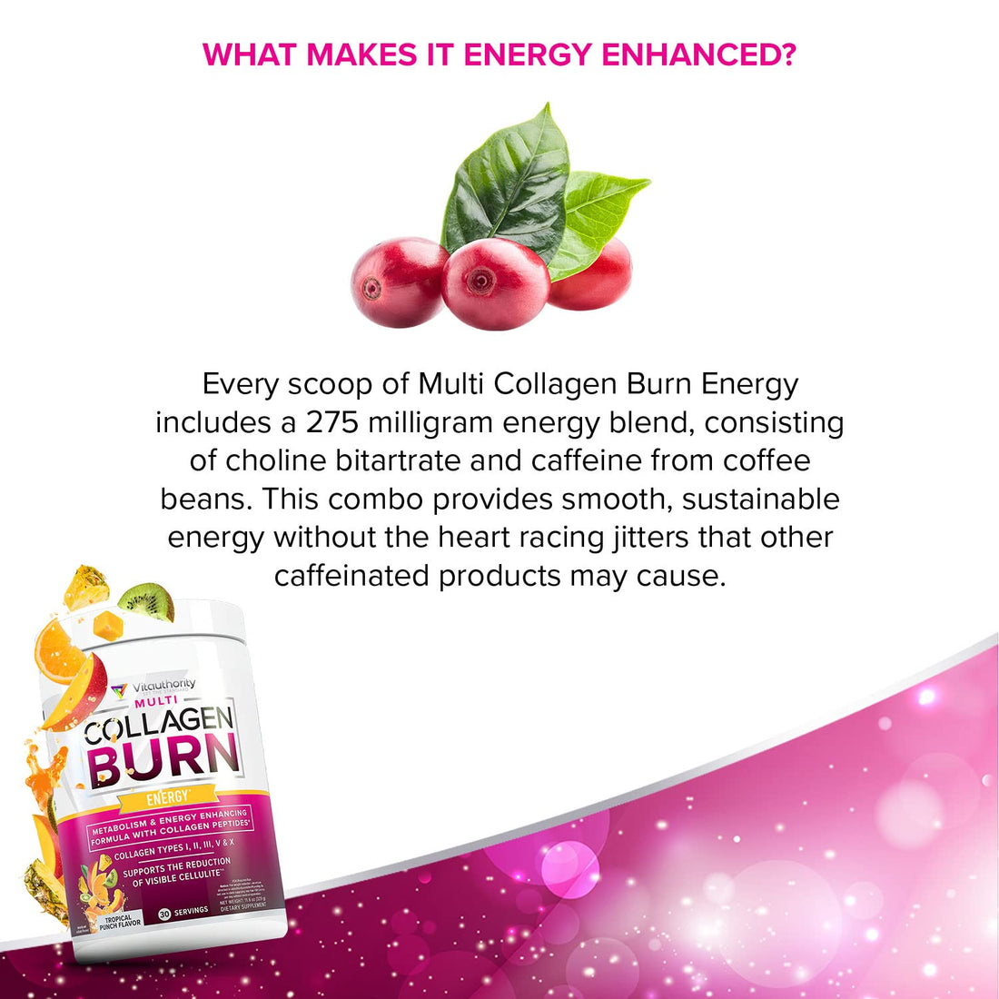 Multi Collagen Burn: MultiType Hydrolyzed Protein Peptides with Hyaluronic Acid, Vitamin C, SOD B Dimpless, Types I, II, III, V and X, with Caffeine 30 Servings Tropical Punch Flavored