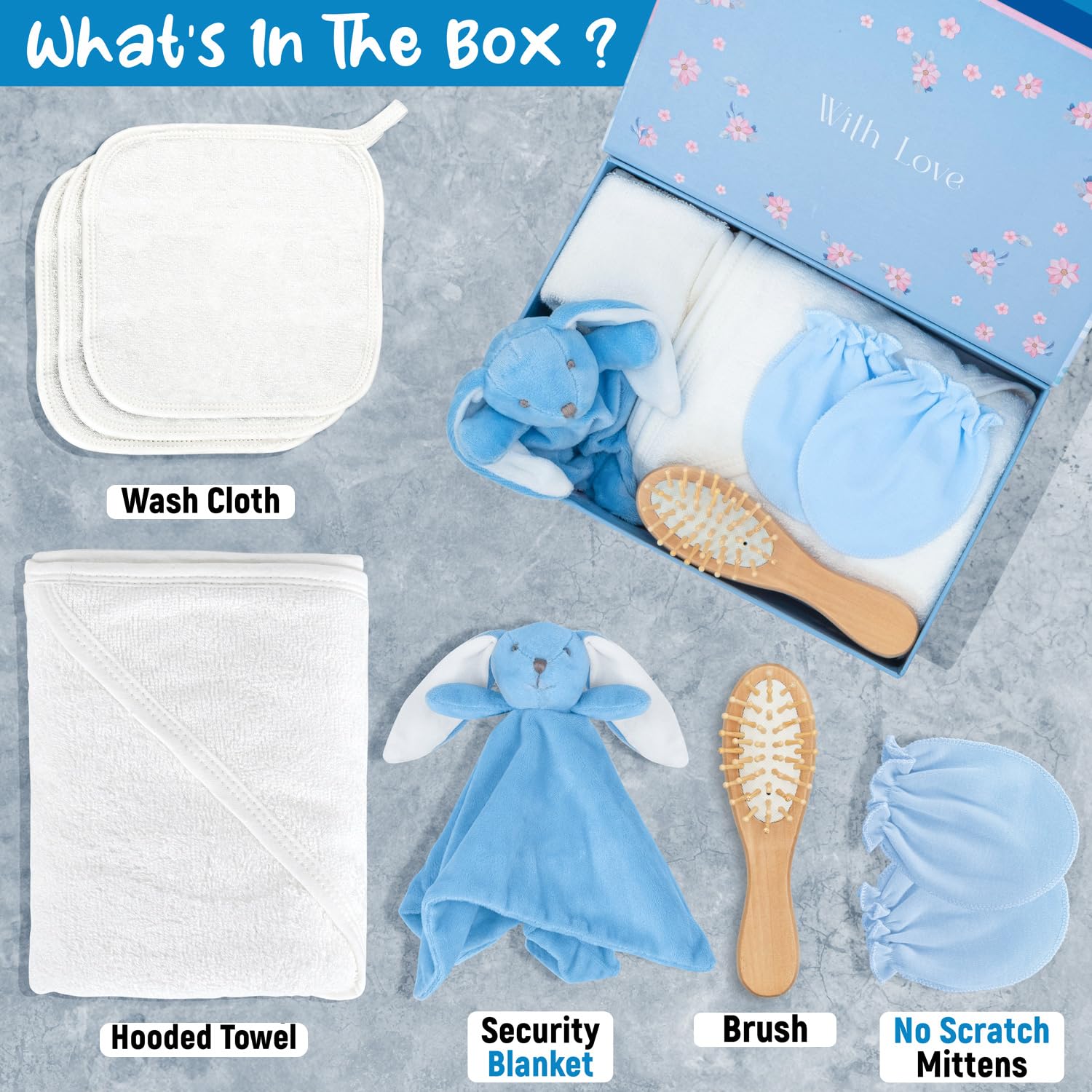 FOREVERPURE Baby Towels with Hood Newborn Gift Set - Gentle & Soft Baby Bath Towels Hooded w/Washcloths, Mittens, Brush, & Ultra Soft Security Blanket, Infant Hooded Towels for Baby Girl & Boy, Blue