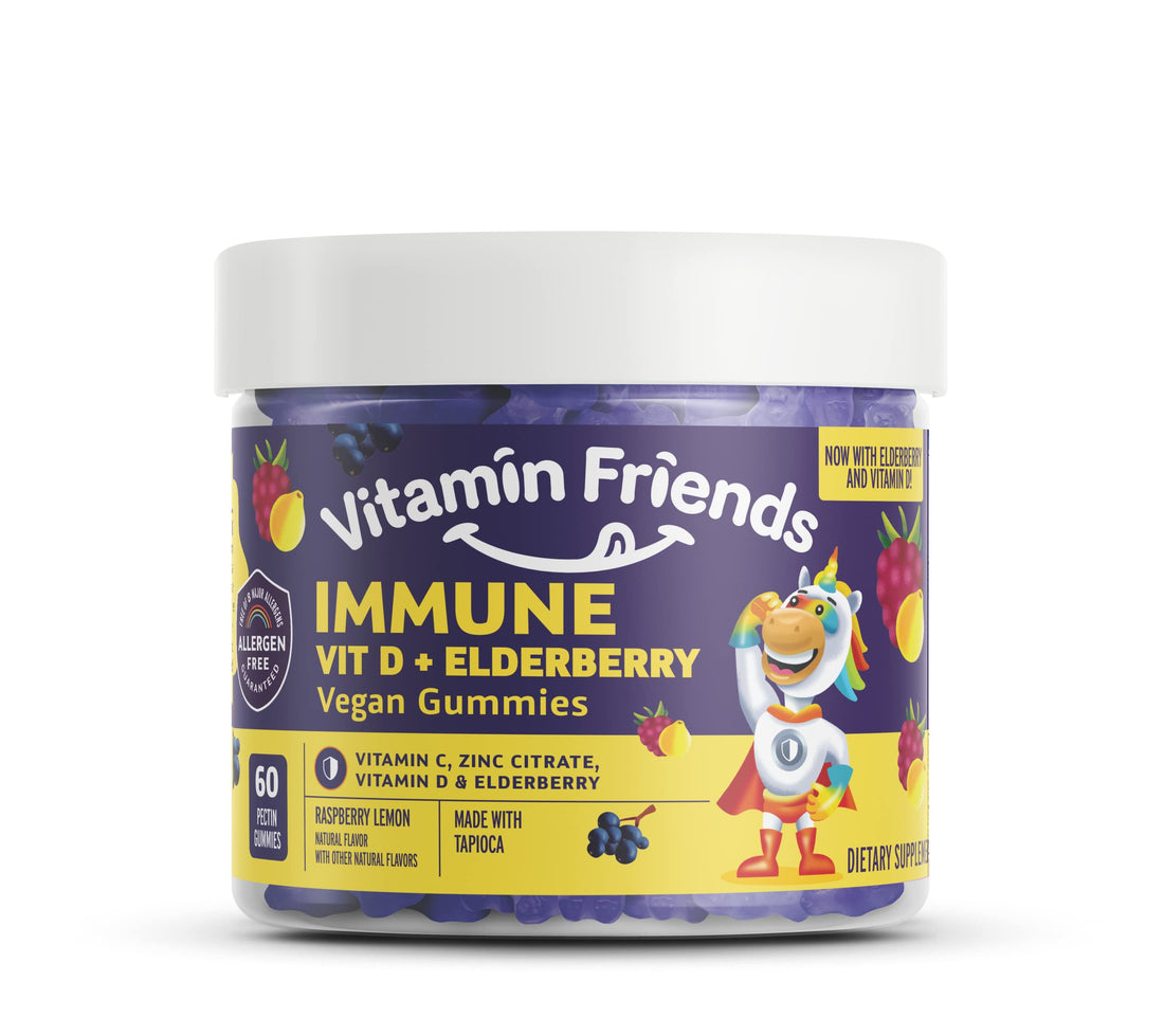 Vitamin Friends - Elderberry, Vitamin C Gummies - Vegan Immune System Booster Blended Supplements - Health Support w/ Zinc Citrate & Vitamin D - Advanced Immune Support - 30 Day Supply – 1 Pack