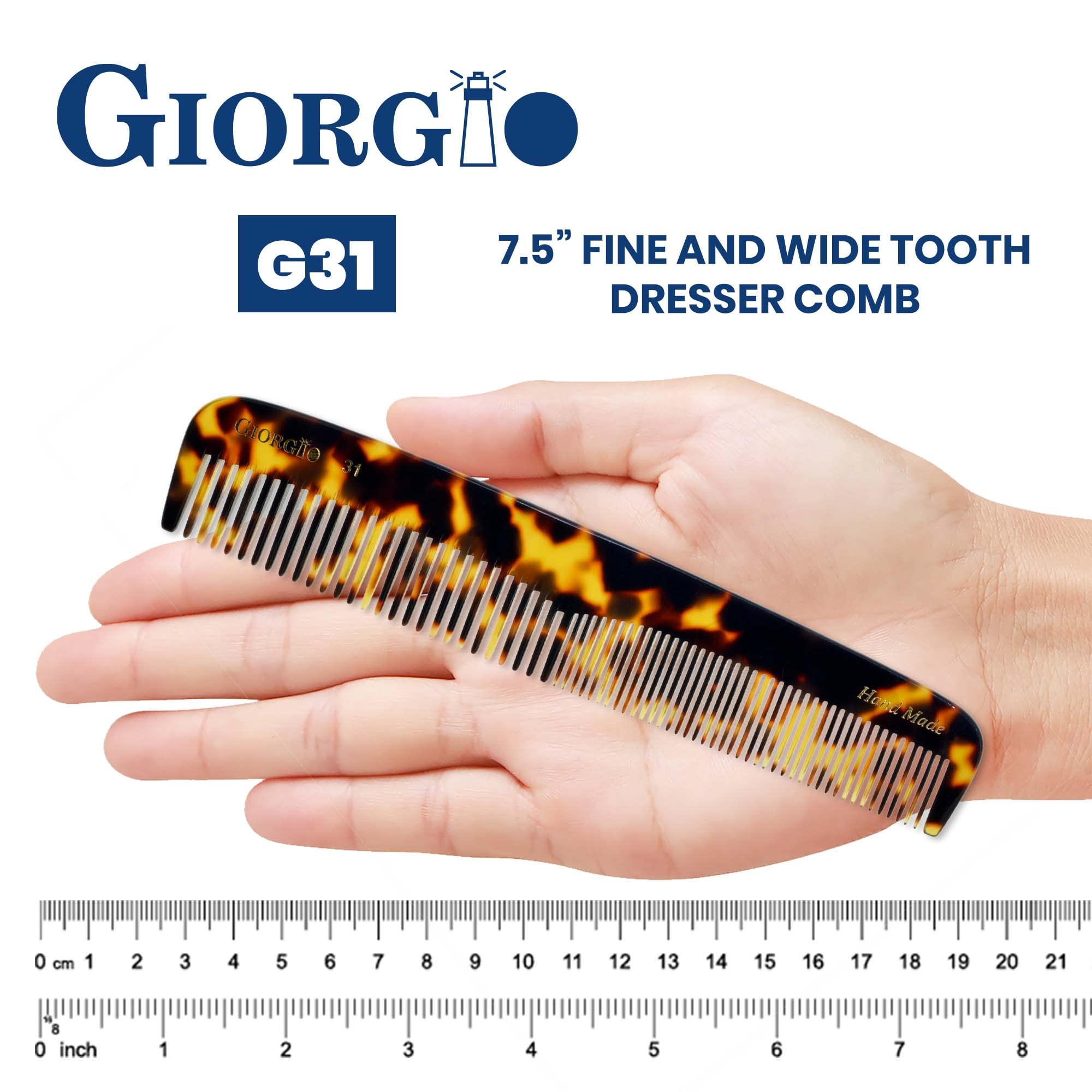 Giorgio G31 Double Tooth Hair Dressing Table Comb, Fine and Wide Tooth Dresser Comb For Hair, Beard and Mustache, Coarse and Fine Hair Styling Comb. Handmade Saw-Cut from Cellulose and Hand Polished