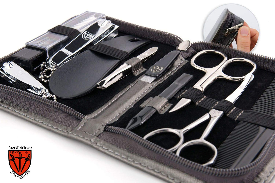 THREE SWORDS | Exclusive 10-Piece MANICURE - PEDICURE - GROOMING - NAIL CARE set / kit / case | VARIOUS DESIGNS | basic-standard quality (001603)
