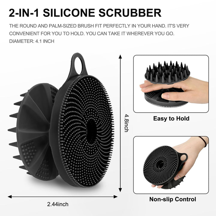 INNERNEED 2-in-1 Silicone Body Scrubber and Scalp Massager Shampoo Brush, Food-Grade Soft Material, More Hygienic, Easily Lather, Convenient for Travel, Gym, Business,etc (Black)