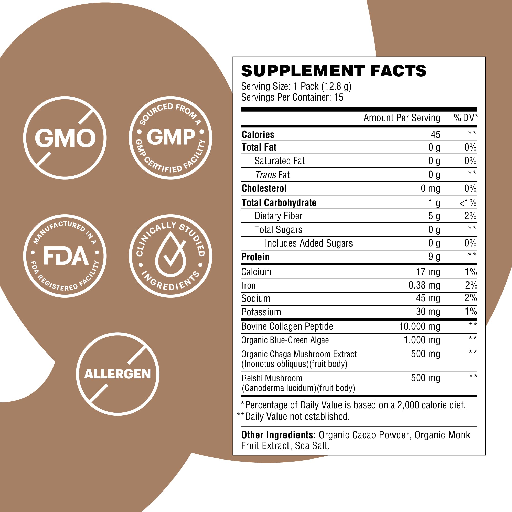 Wellthy Collagen Superfood Powder, Fights Stress & Fatigue, Cacao, Mushroom Powder - Organic Chaga & Reishi Extracts, Certified Organic Matcha, Allergen-Free & Non-GMO