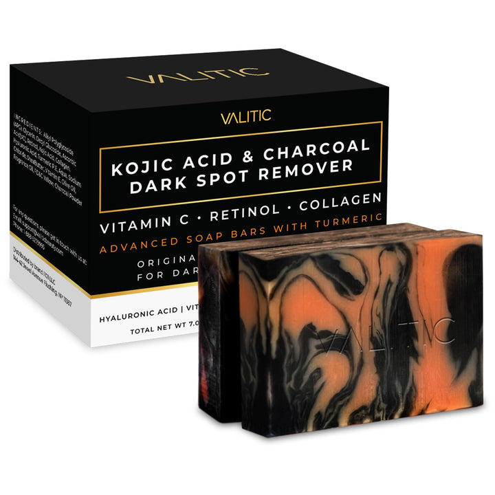 VALITIC Charcoal Kojic Acid Turmeric Black Soap Bar Dark Spot Remover for Body or Face Wash - 2 Pack
